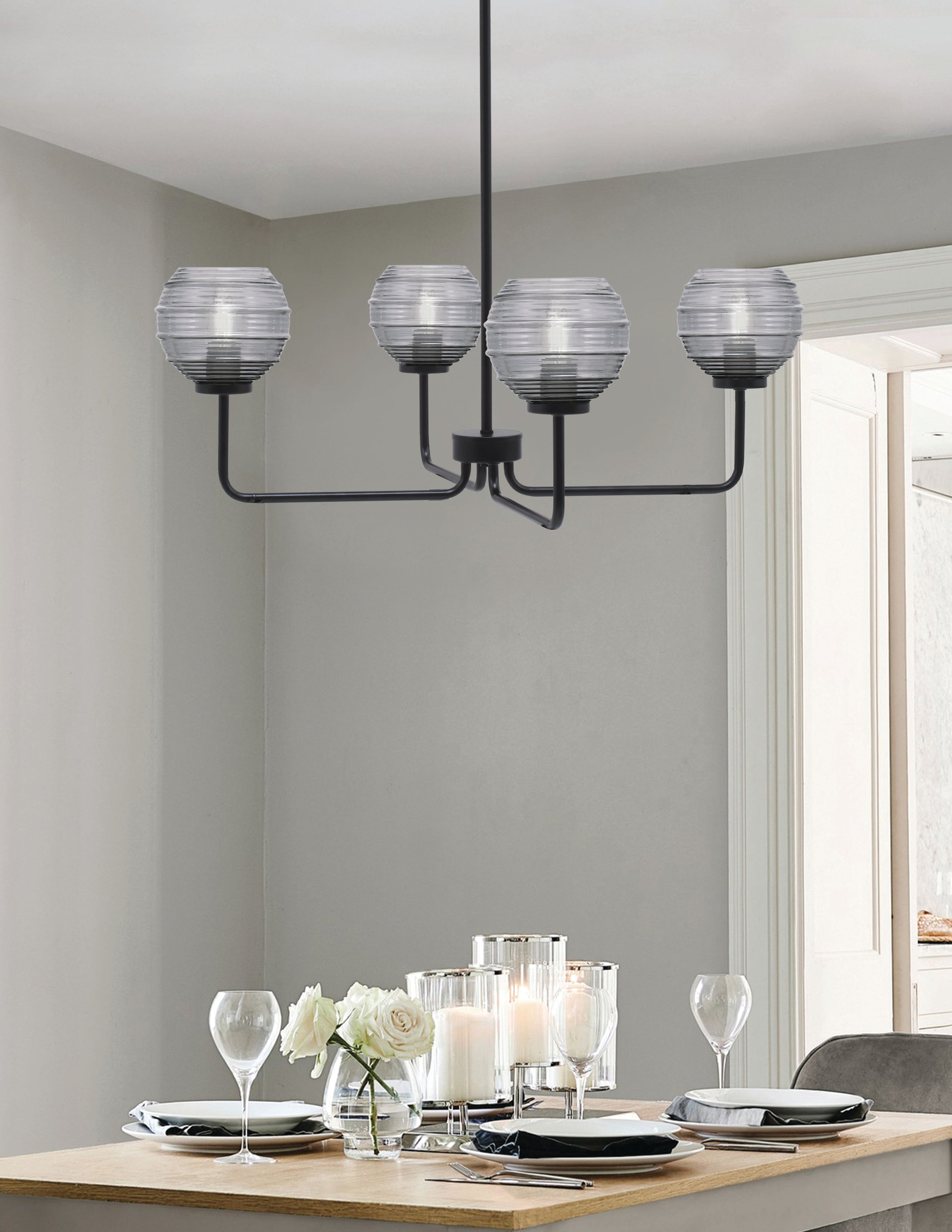 Sandia Four Light Chandelier in Matte Black with Smoke Ribbed Shade