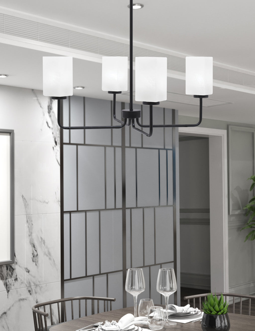Sandia Four Light Chandelier in Matte Black with White Marble Shade