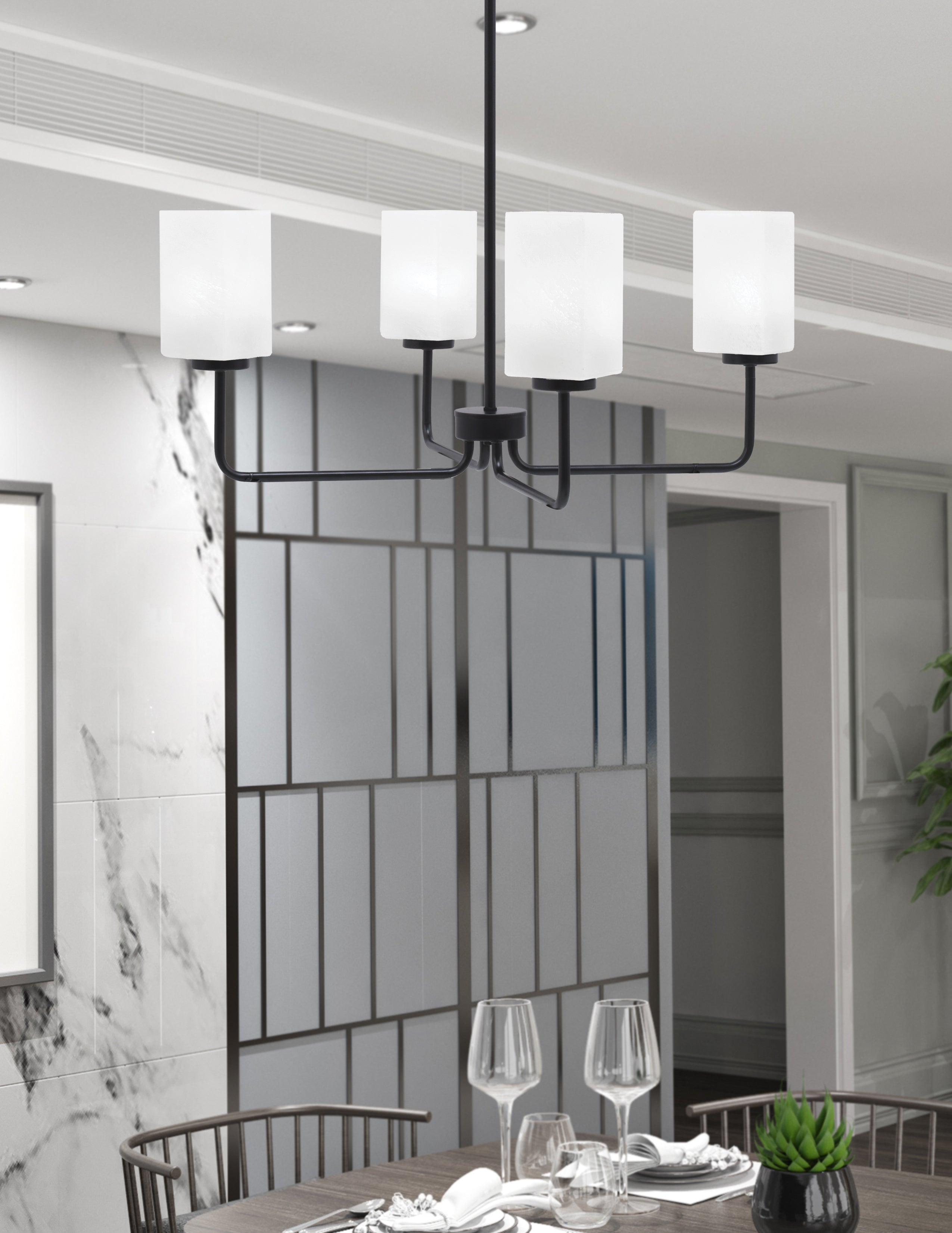Sandia Four Light Chandelier in Matte Black with White Marble Shade