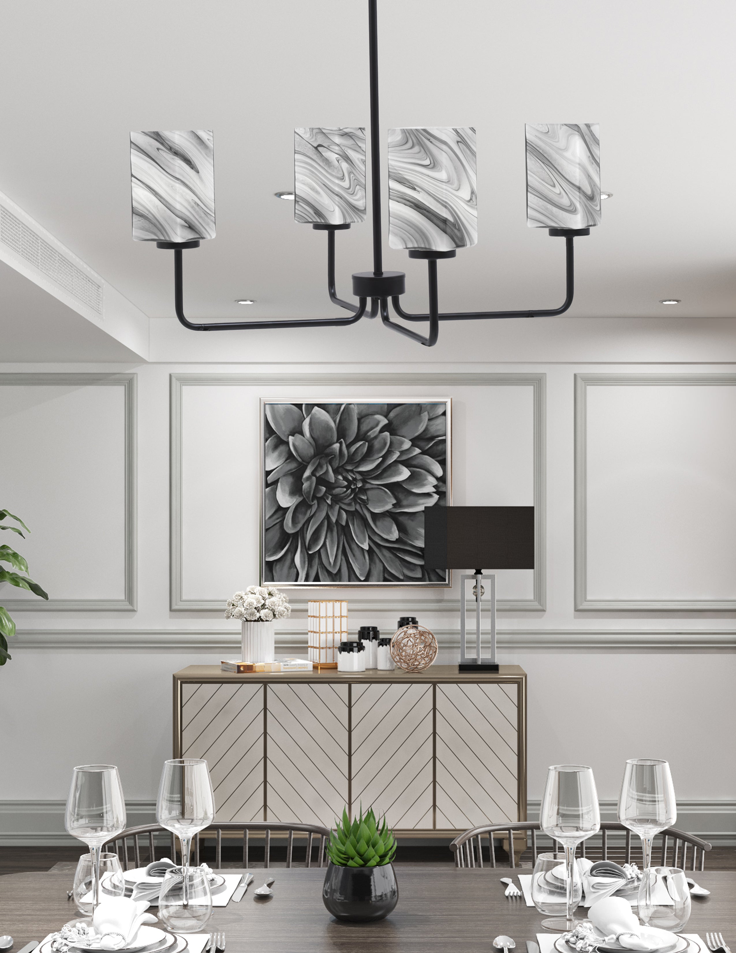 Sandia Four Light Chandelier in Matte Black with Onyx Swirl Shade