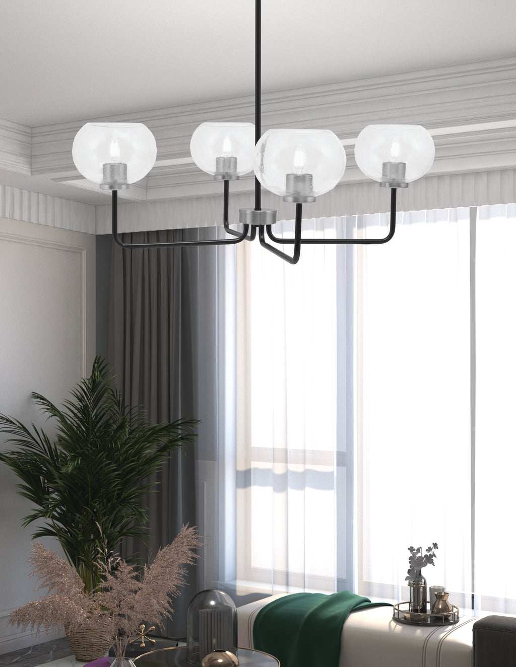 Sandia Four Light Chandelier in Matte Black & Graphite with Clear Bubble Shade