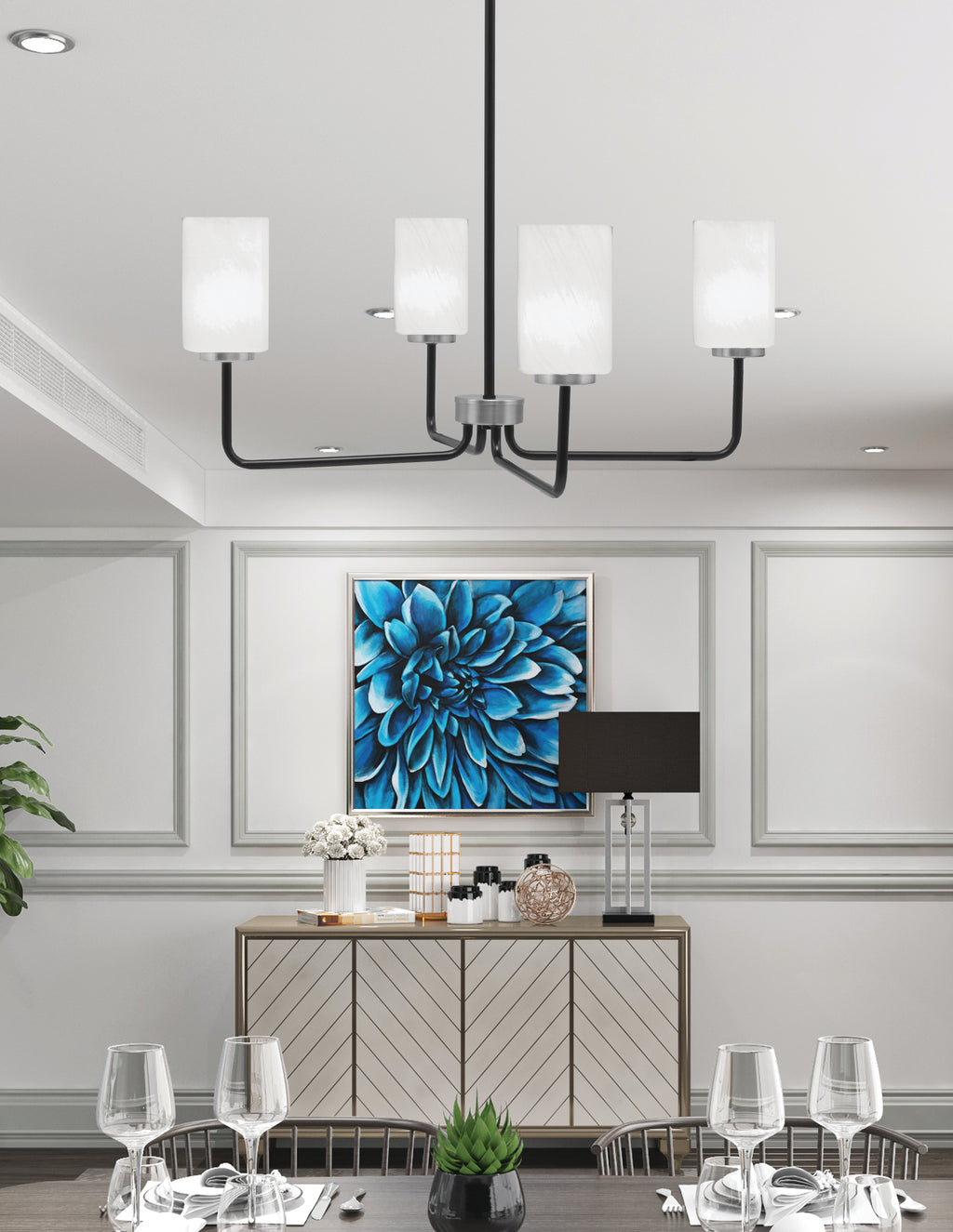 Sandia Four Light Chandelier in Matte Black & Graphite with White Marble Shade