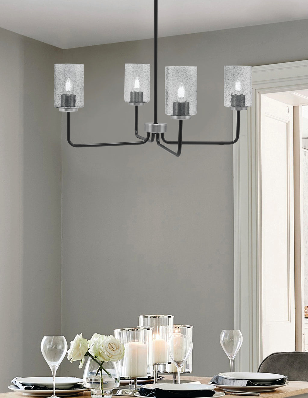 Sandia Four Light Chandelier in Matte Black & Graphite with Smoke Bubble Shade