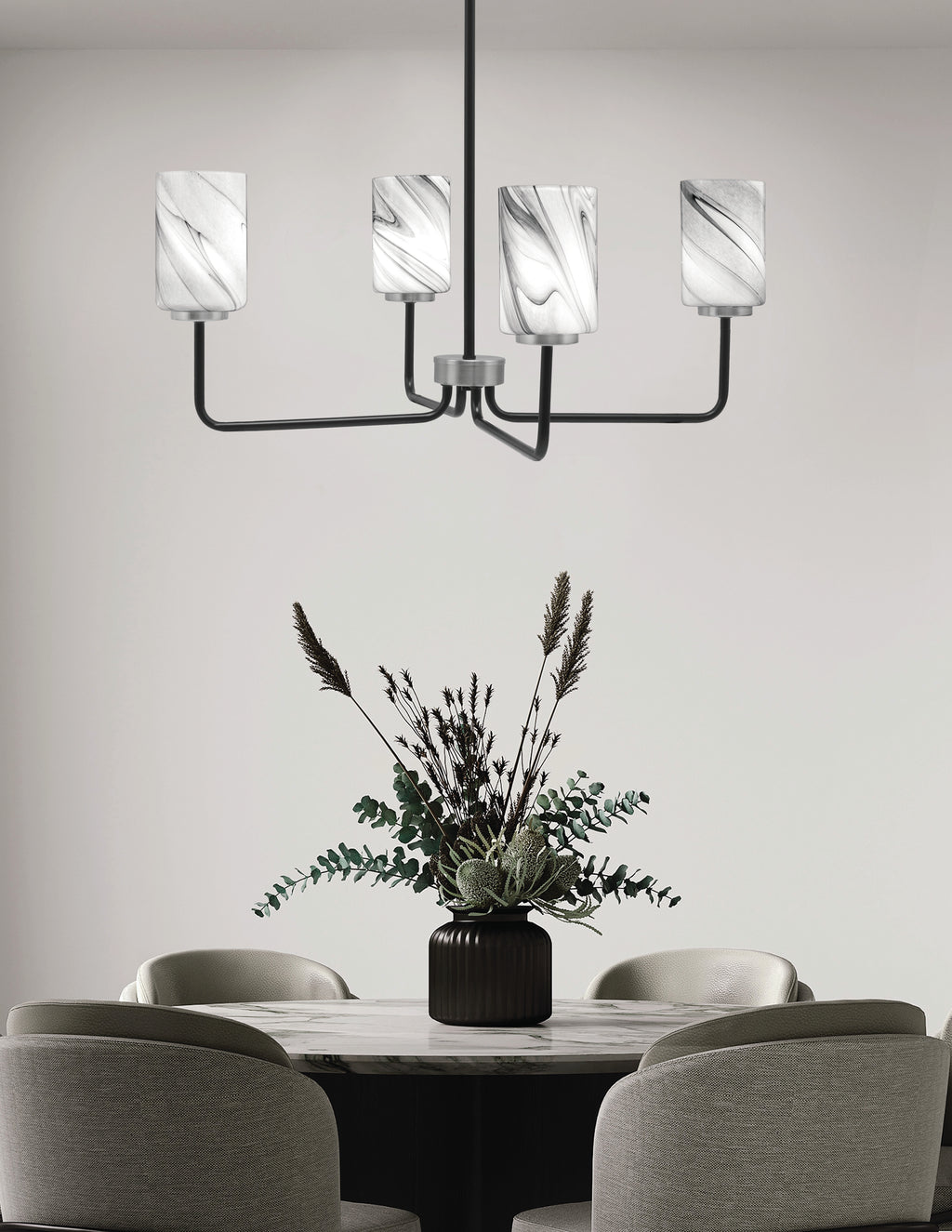 Sandia Four Light Chandelier in Matte Black & Graphite with Onyx Swirl Shade