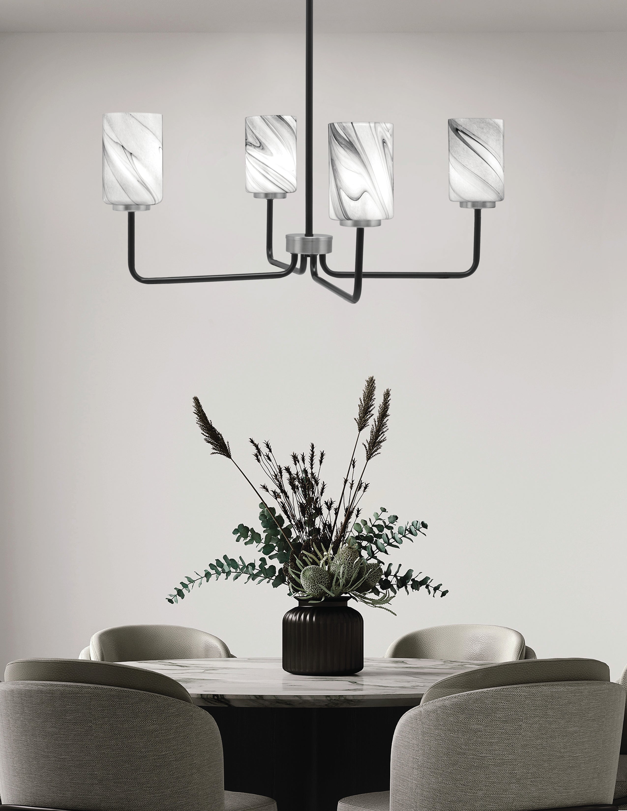 Sandia Four Light Chandelier in Matte Black & Graphite with Onyx Swirl Shade