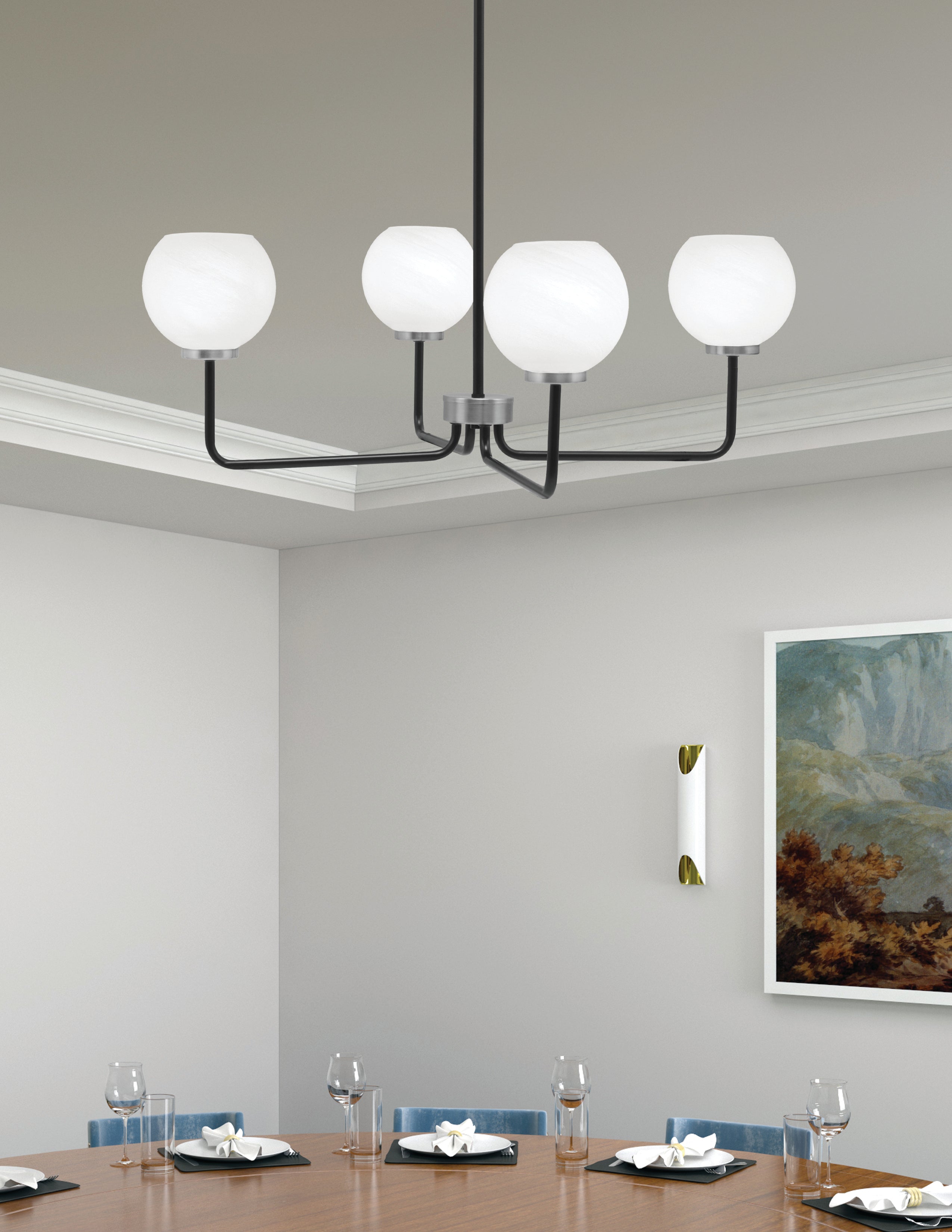 Sandia Four Light Chandelier in Matte Black & Graphite with White Marble Shade