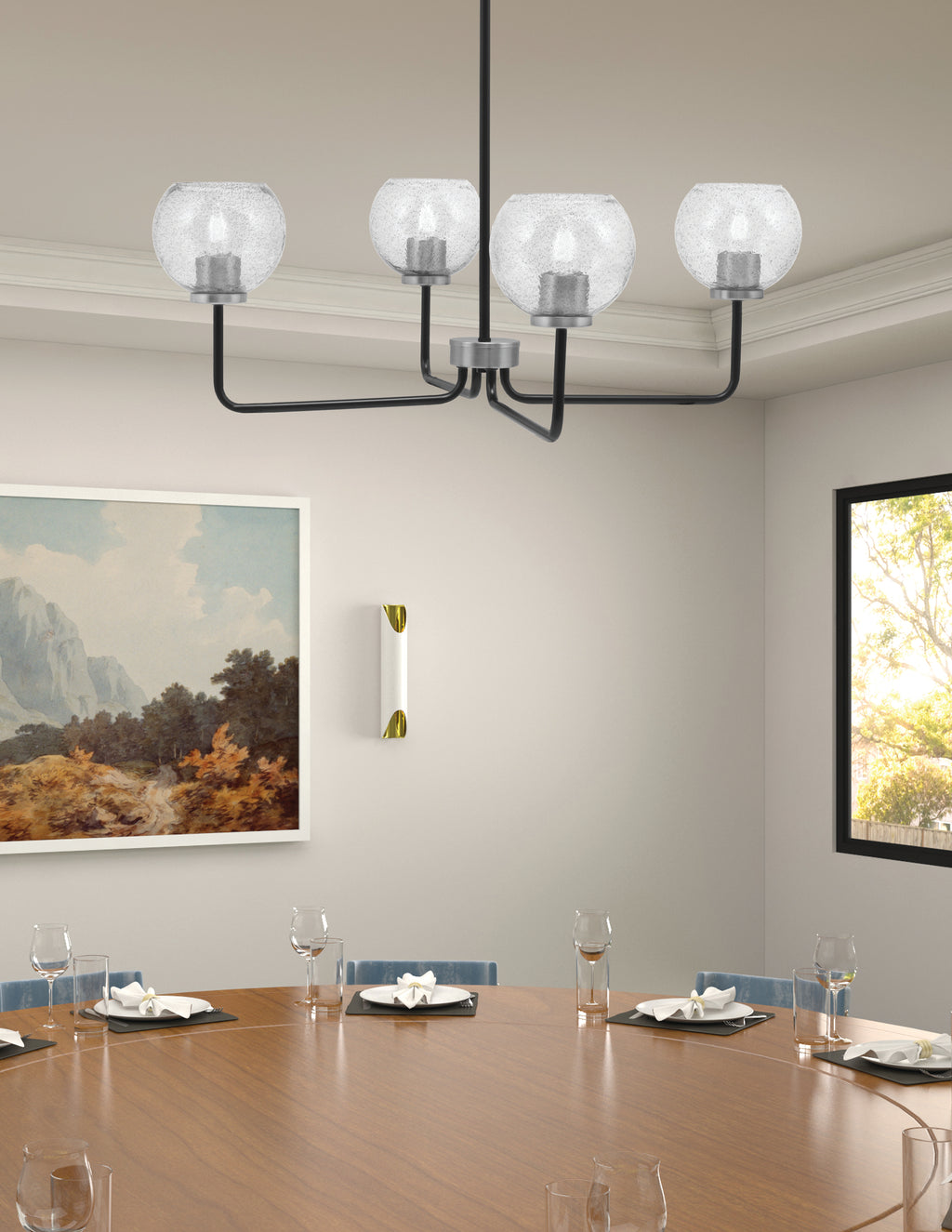 Sandia Four Light Chandelier in Matte Black & Graphite with Smoke Bubble Shade