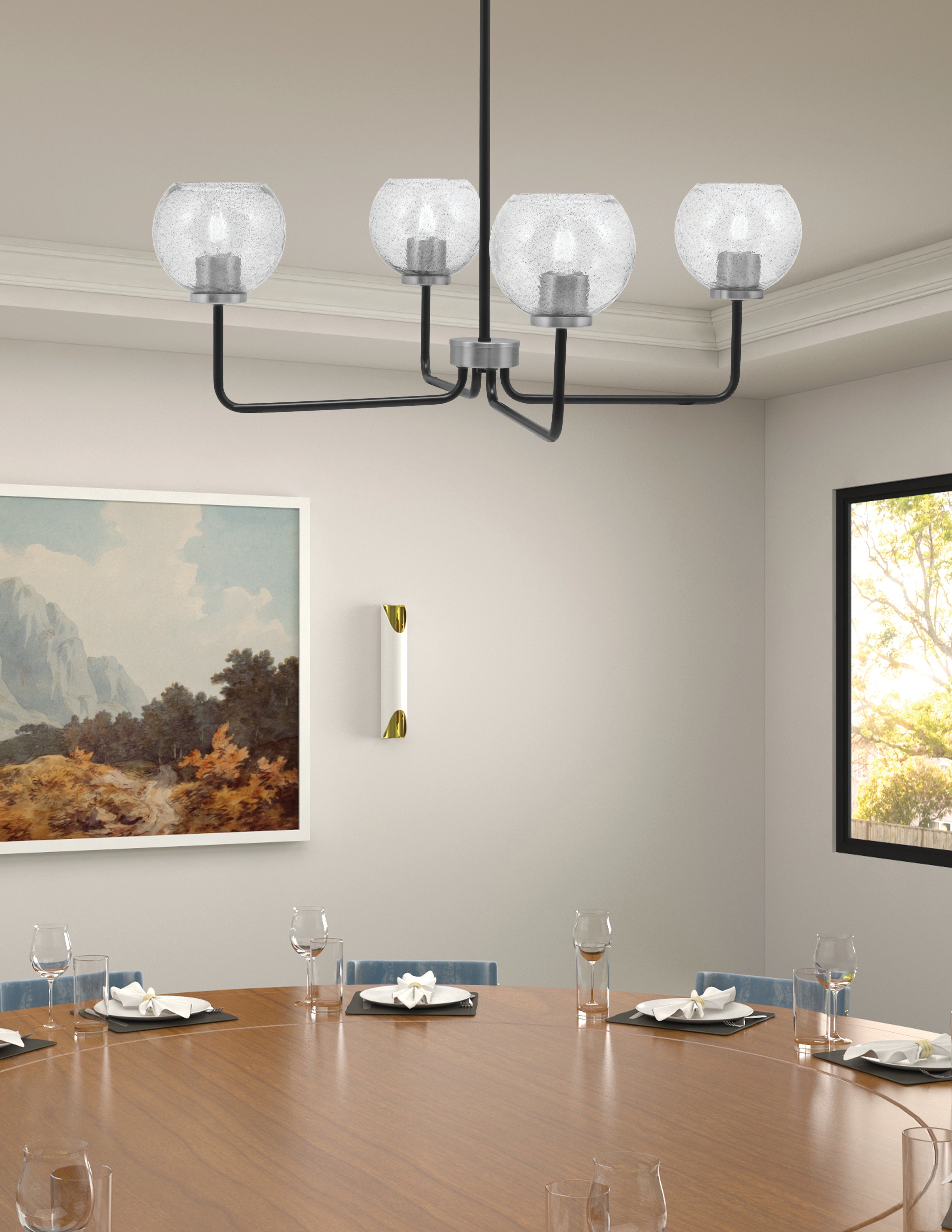 Sandia Four Light Chandelier in Matte Black & Graphite with Smoke Bubble Shade
