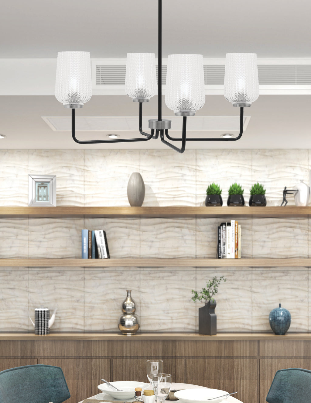 Sandia Four Light Chandelier in Matte Black & Graphite with Clear Textured Shade