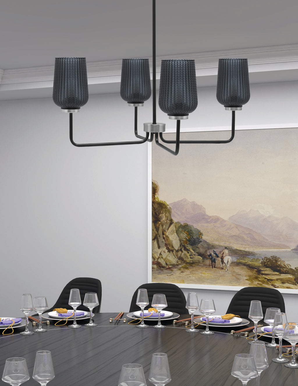 Sandia Four Light Chandelier in Matte Black & Graphite with Smoke Textured Shade