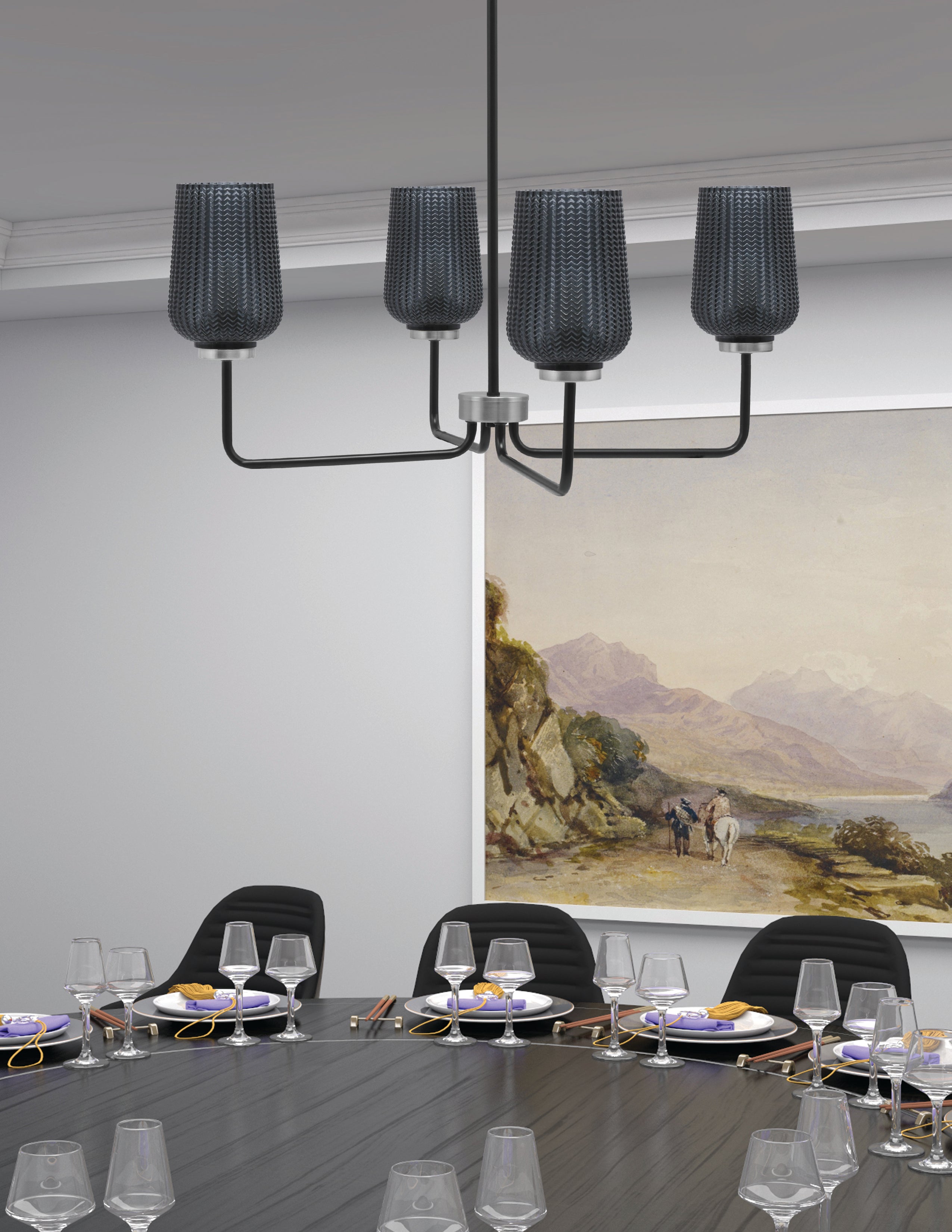 Sandia Four Light Chandelier in Matte Black & Graphite with Smoke Textured Shade