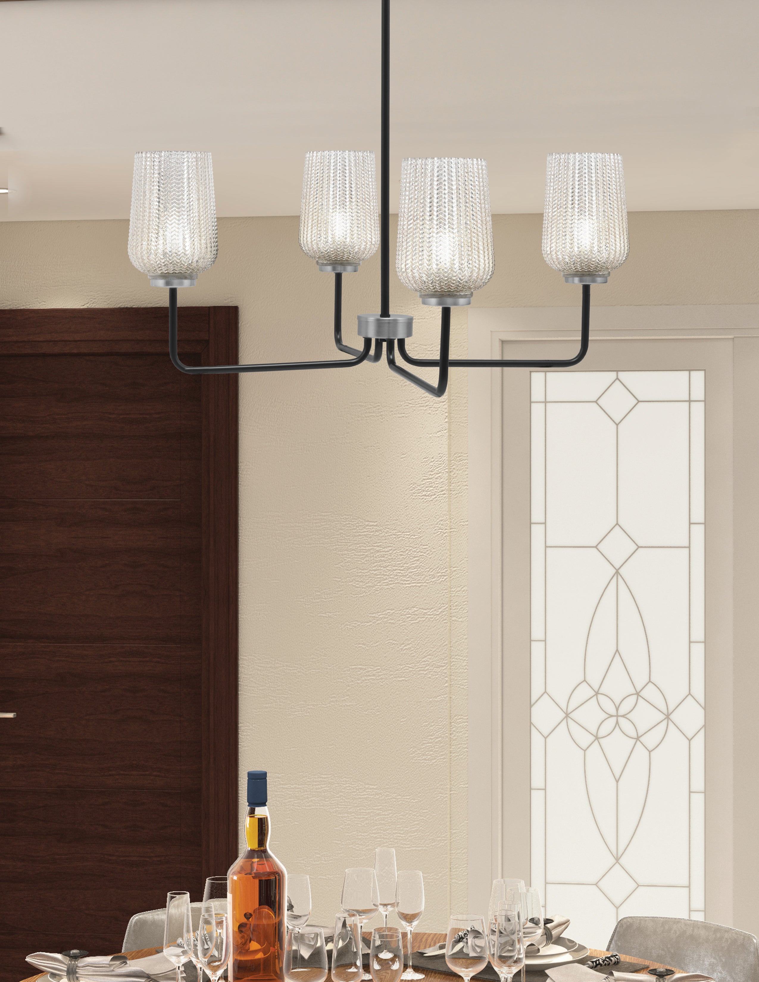 Sandia Four Light Chandelier in Matte Black & Graphite with Silver Textured Shade