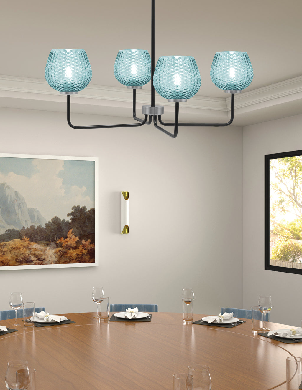 Sandia Four Light Chandelier in Matte Black & Graphite with Turquoise Textured Shade
