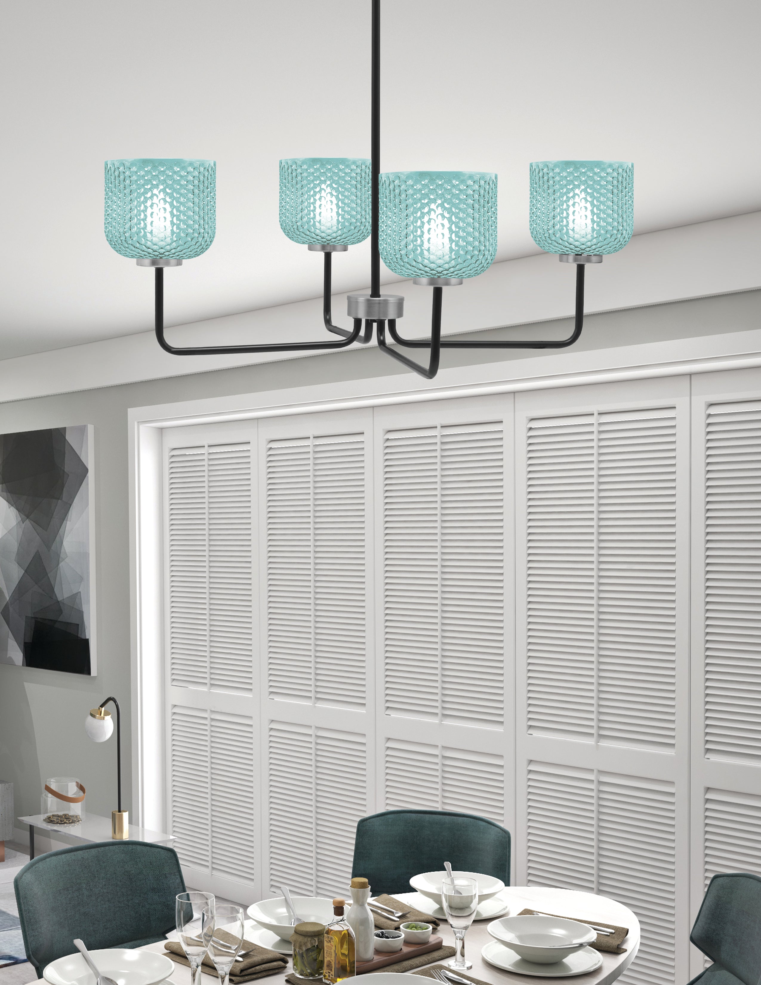 Sandia Four Light Chandelier in Matte Black & Graphite with Turquoise Textured Shade