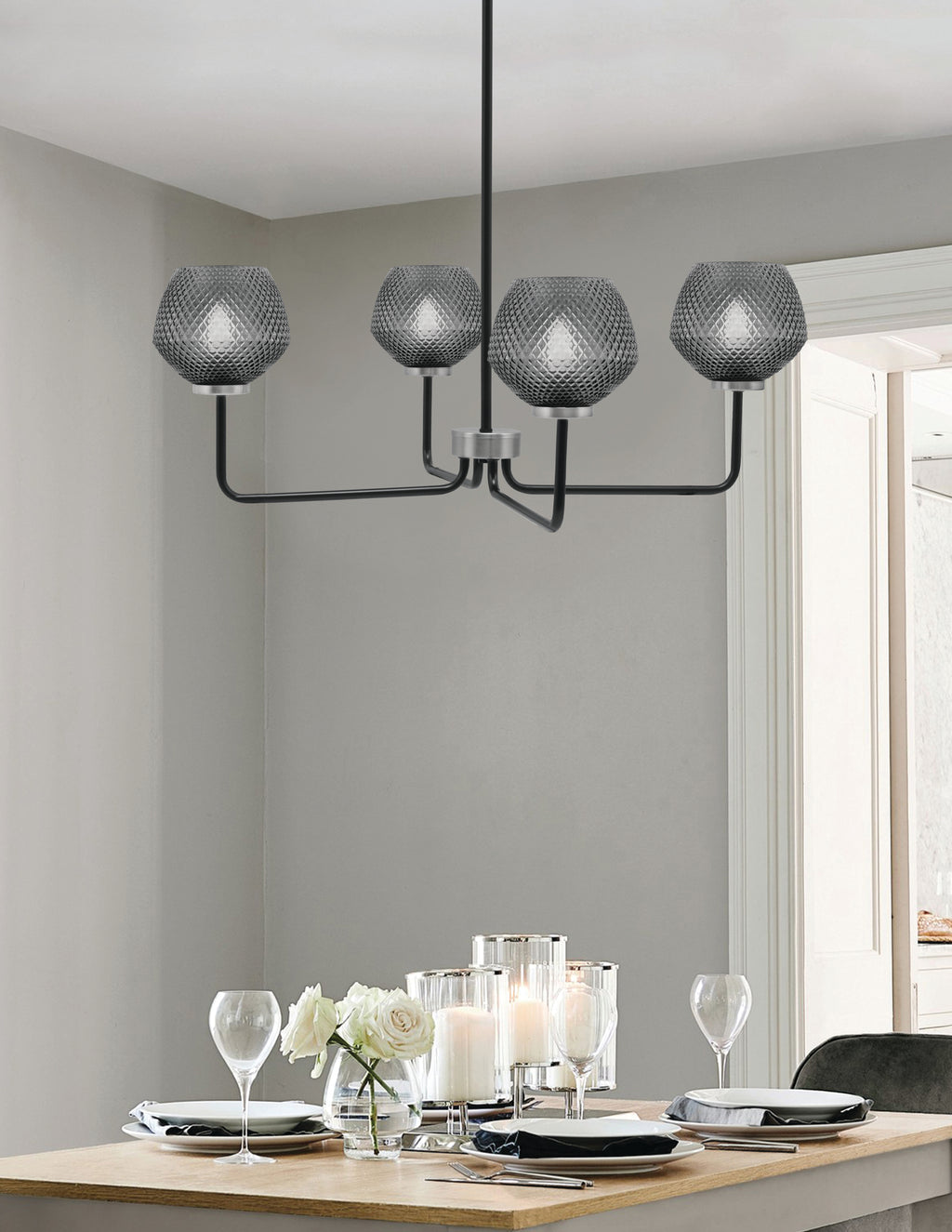 Sandia Four Light Chandelier in Matte Black & Graphite with Smoke Textured Shade
