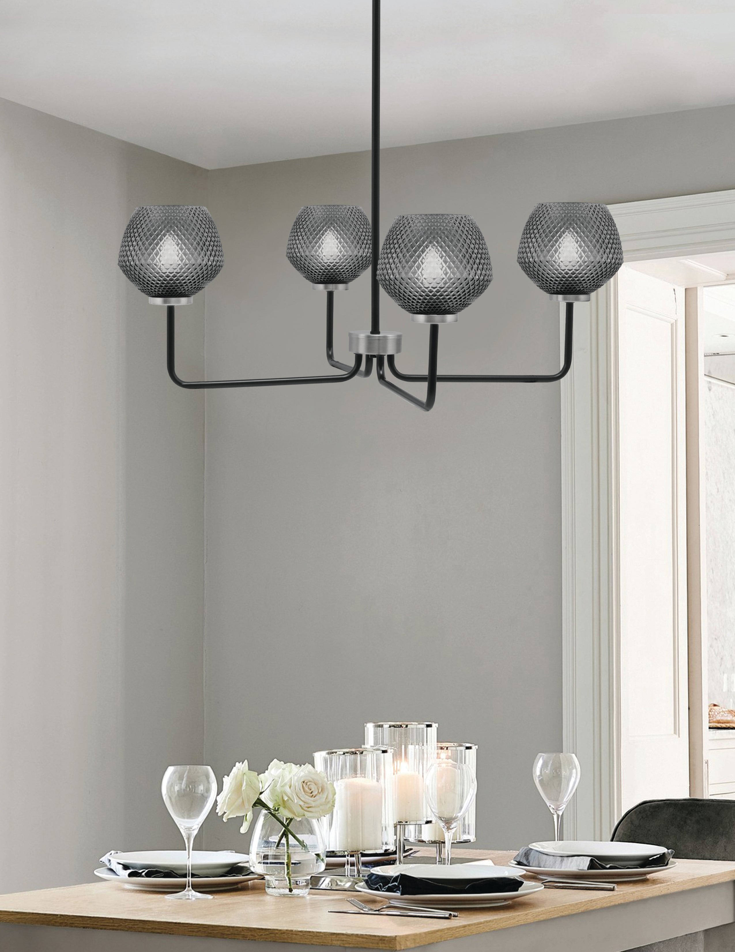 Sandia Four Light Chandelier in Matte Black & Graphite with Smoke Textured Shade