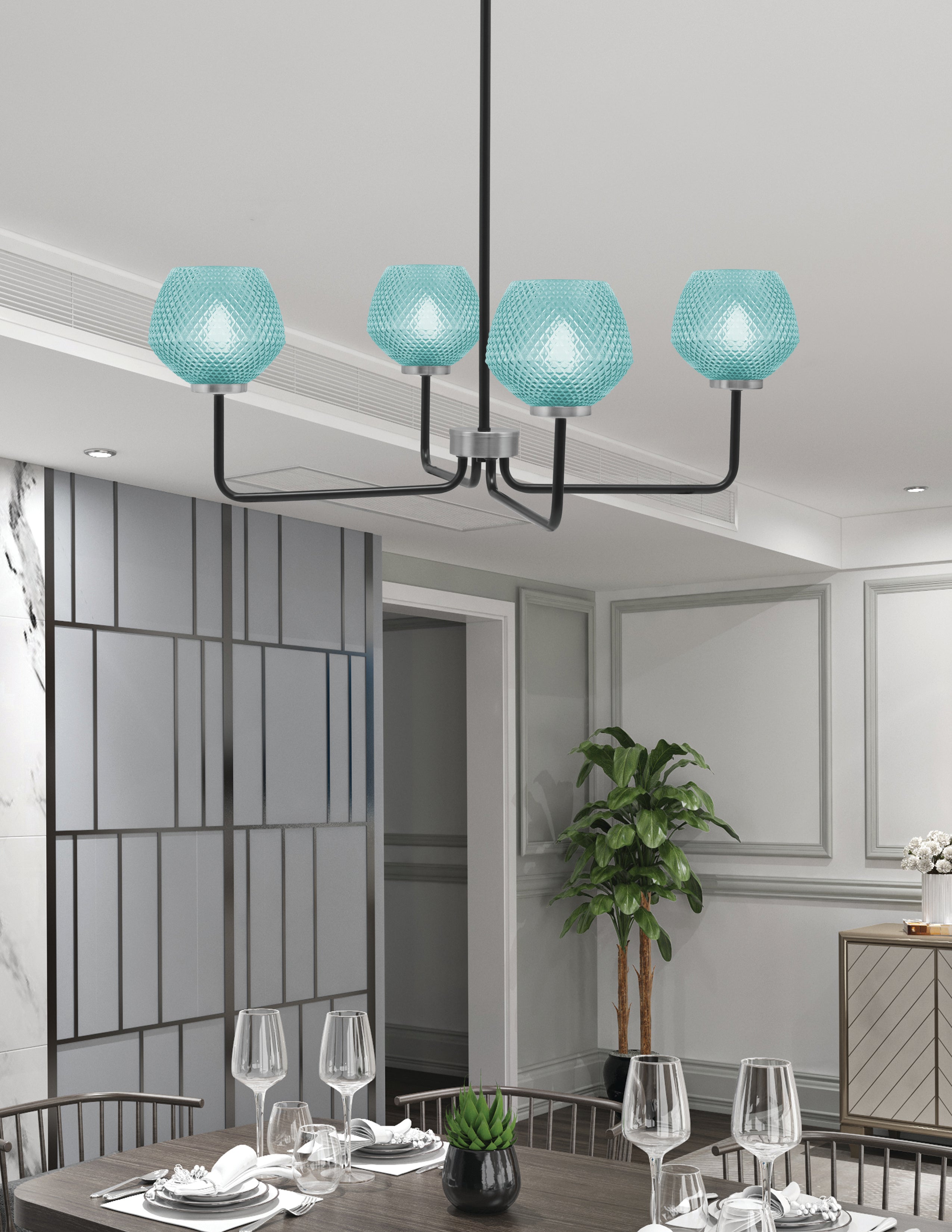 Sandia Four Light Chandelier in Matte Black & Graphite with Turquoise Textured Shade