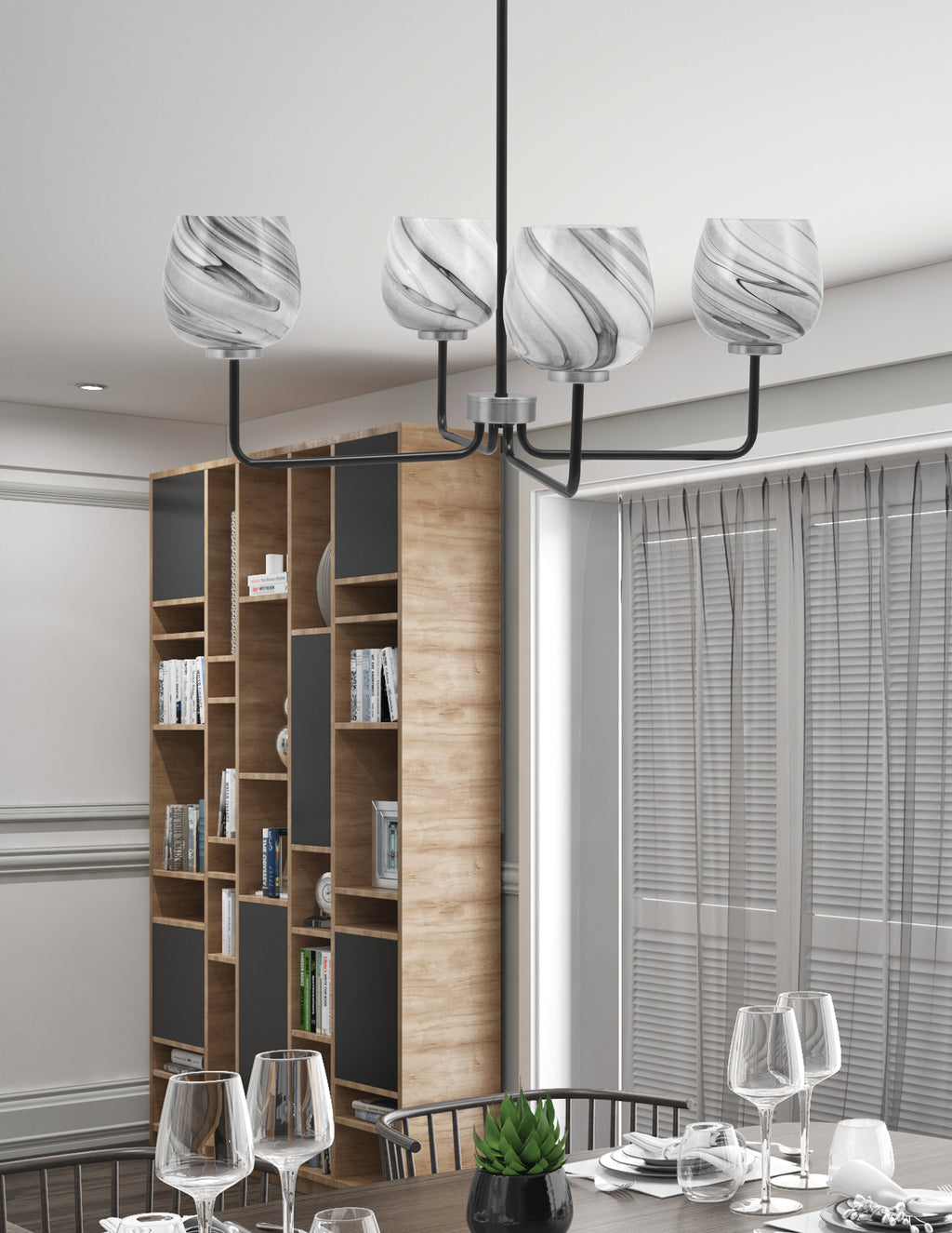 Sandia Four Light Chandelier in Matte Black & Graphite with Onyx Swirl Shade