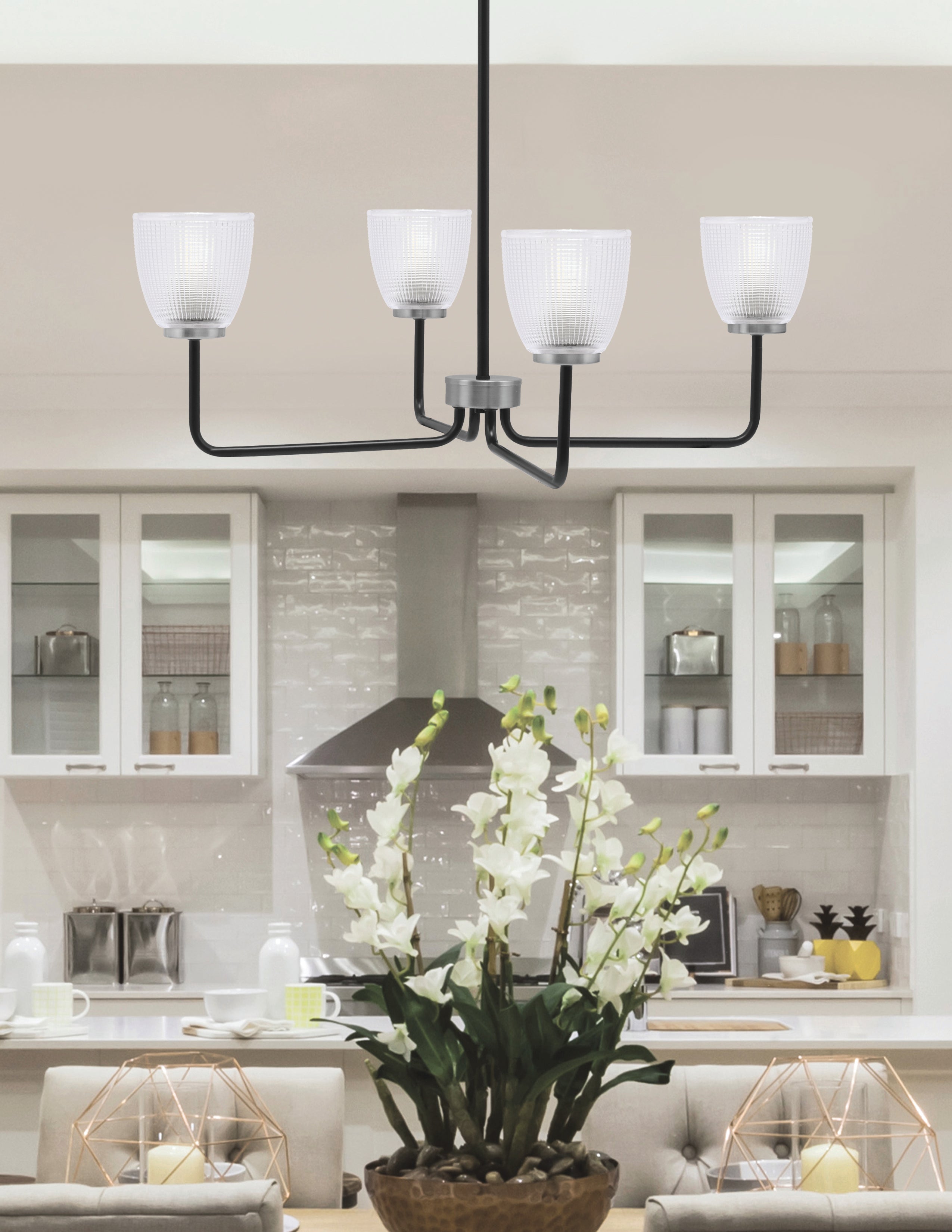 Sandia Four Light Chandelier in Matte Black & Graphite with Clear Ribbed Shade