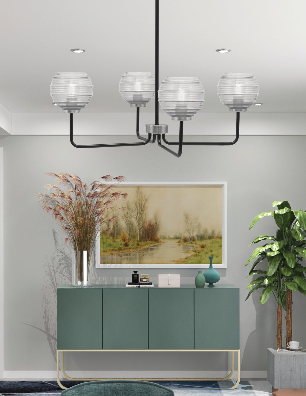 Sandia Four Light Chandelier in Matte Black & Graphite with Clear Ribbed Shade