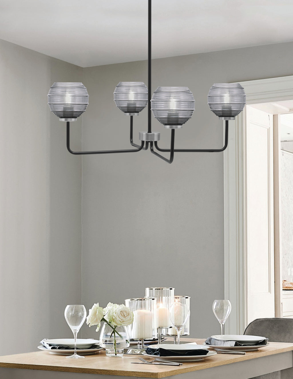 Sandia Four Light Chandelier in Matte Black & Graphite with Smoke Ribbed Shade