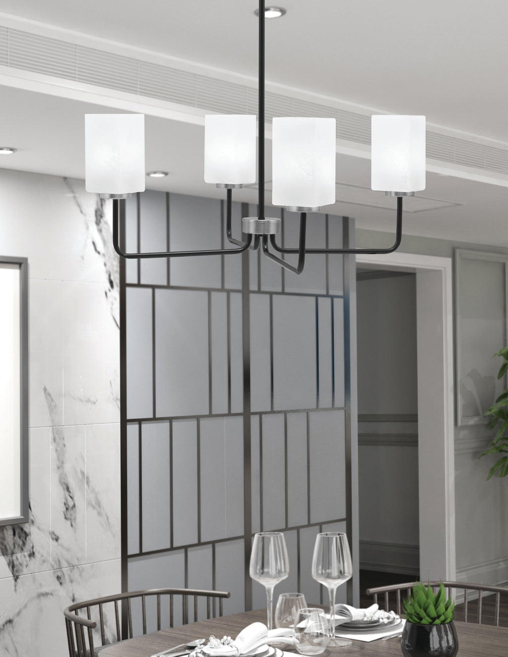 Sandia Four Light Chandelier in Matte Black & Graphite with White Marble Shade