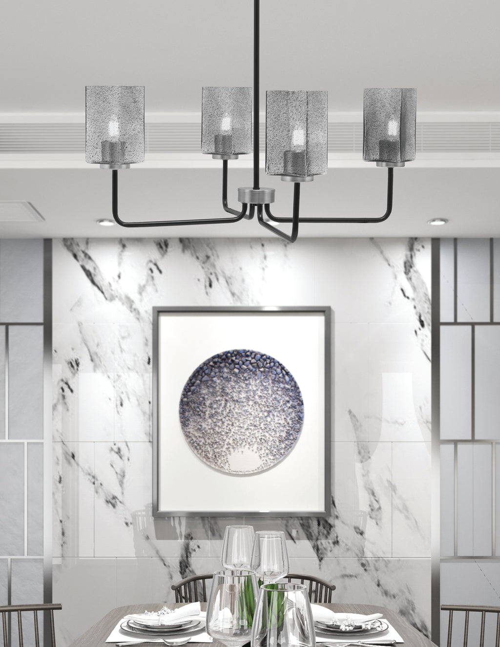 Sandia Four Light Chandelier in Matte Black & Graphite with Smoke Bubble Shade
