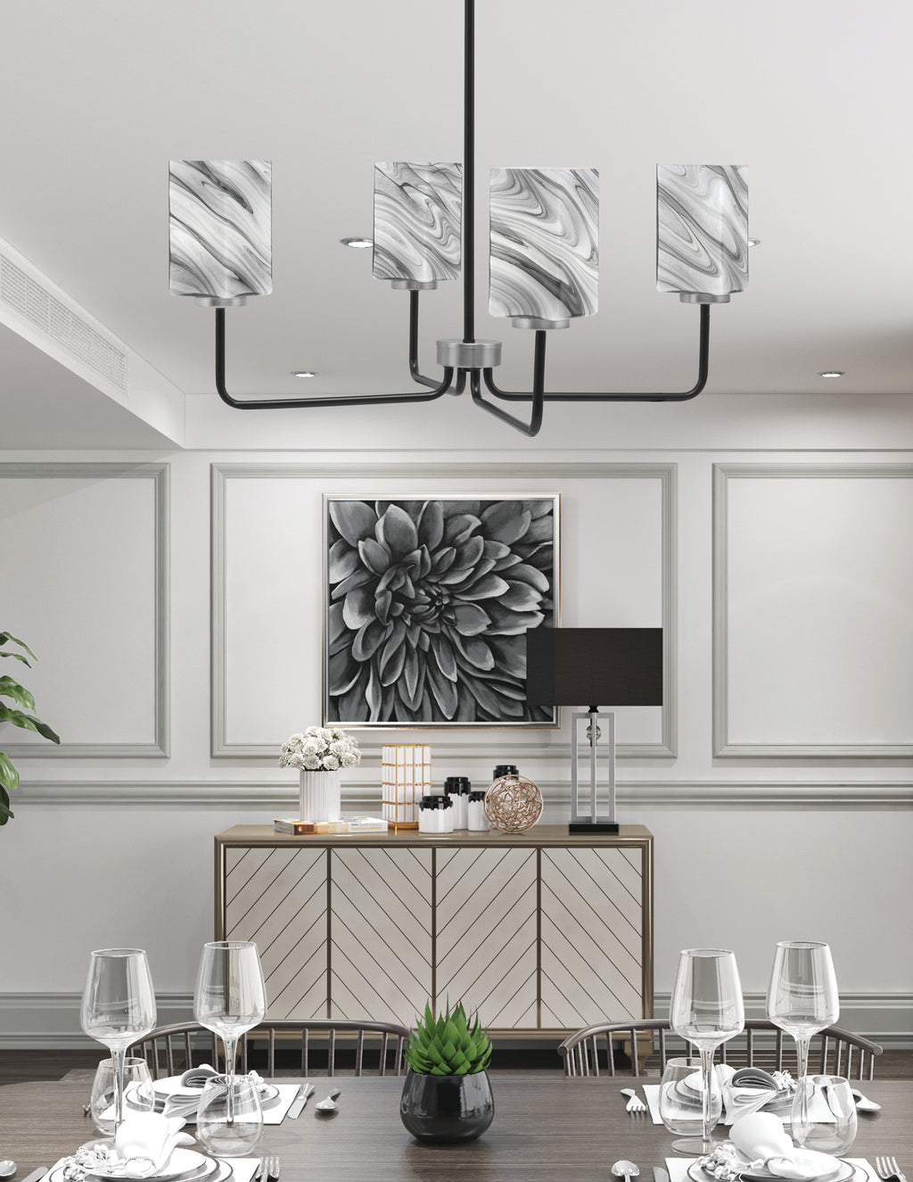 Sandia Four Light Chandelier in Matte Black & Graphite with Onyx Swirl Shade
