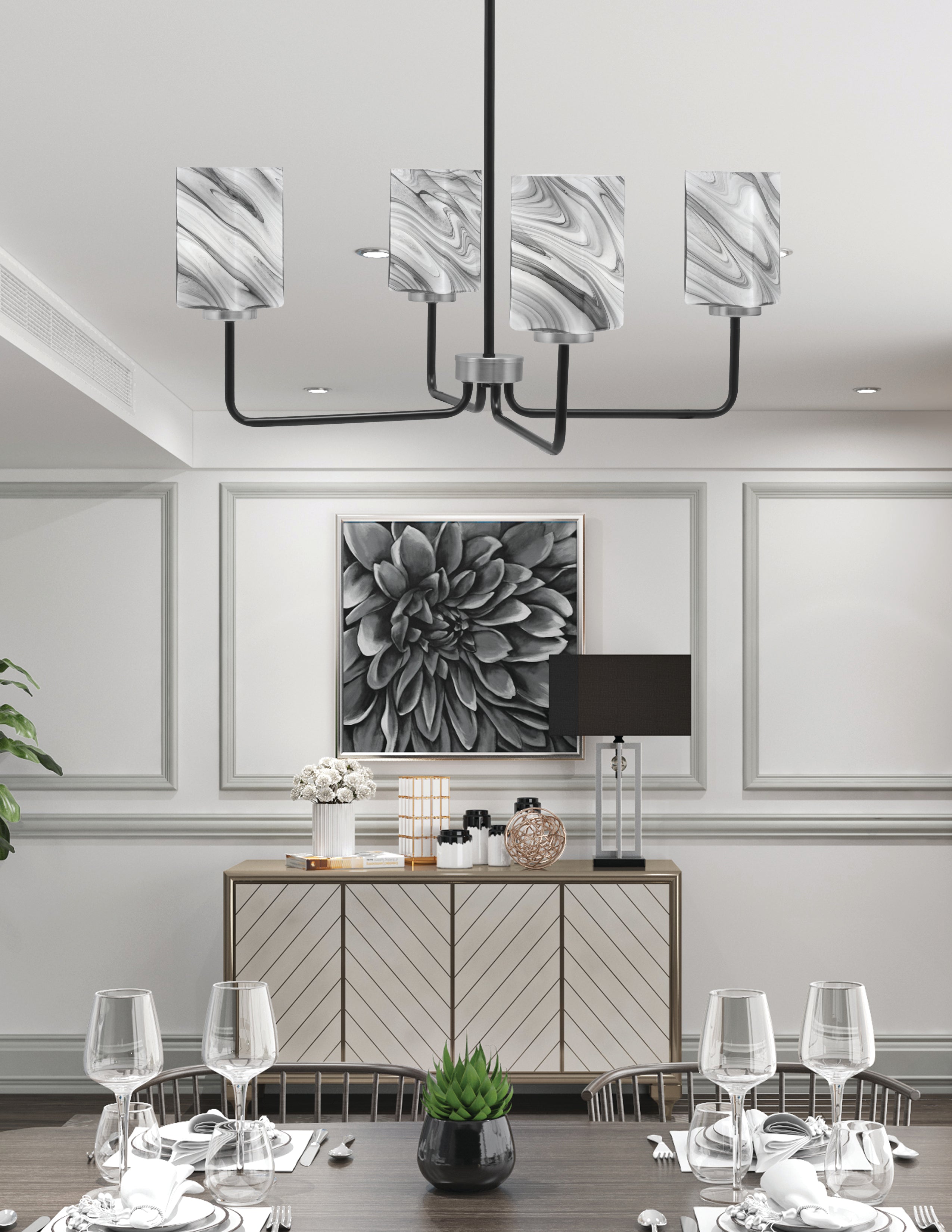 Sandia Four Light Chandelier in Matte Black & Graphite with Onyx Swirl Shade