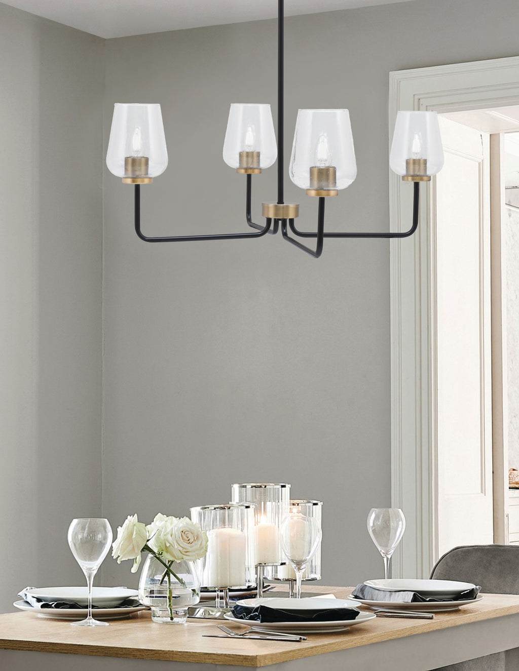 Sandia Four Light Chandelier in Matte Black & New Age Brass with Clear Bubble Shade