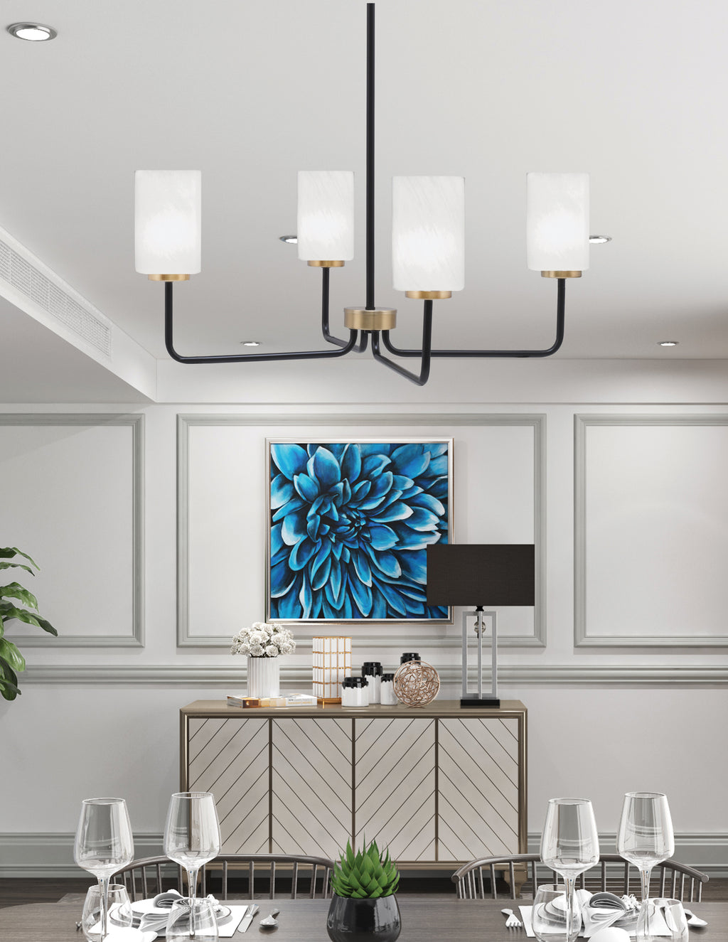 Sandia Four Light Chandelier in Matte Black & New Age Brass with White Marble Shade