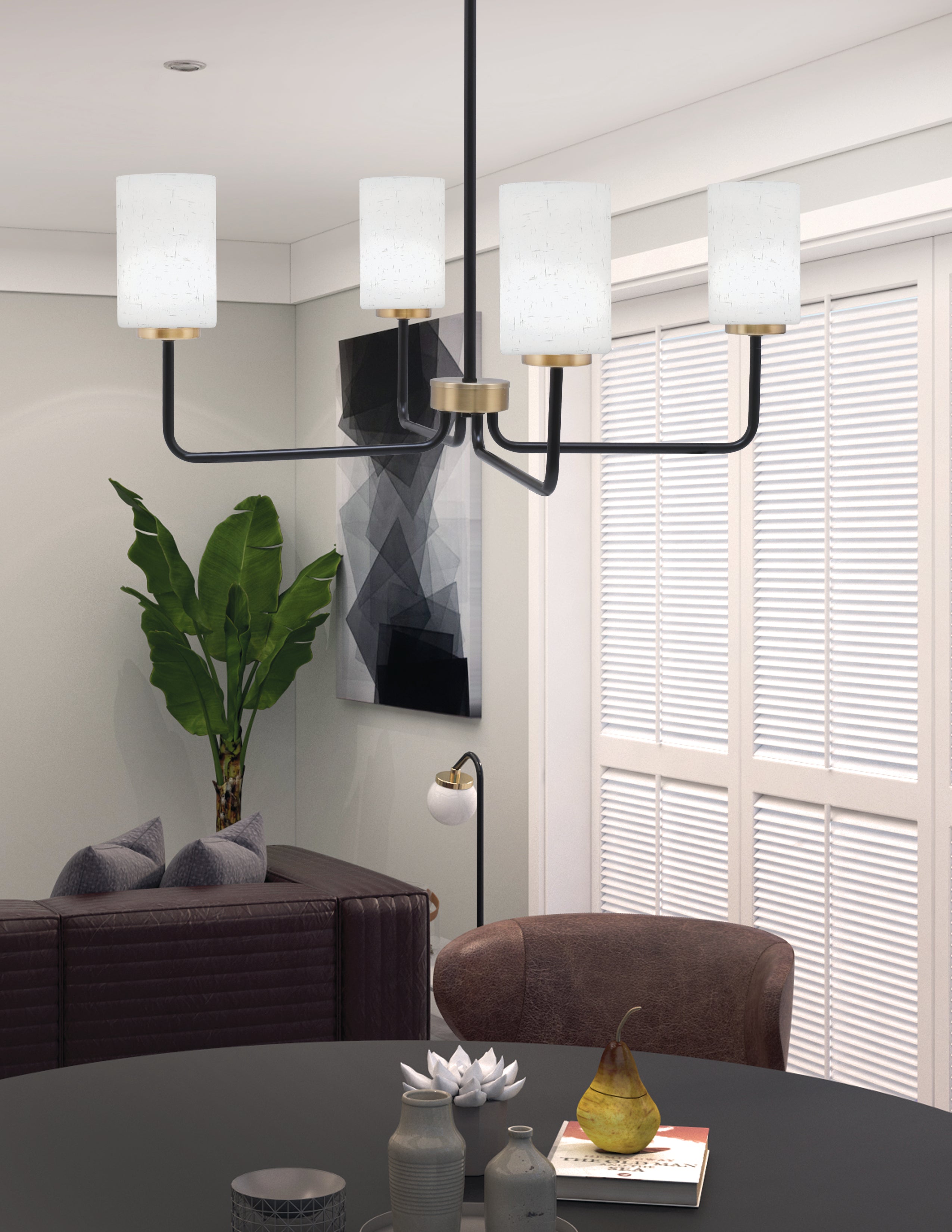 Sandia Four Light Chandelier in Matte Black & New Age Brass with White Muslin Shade