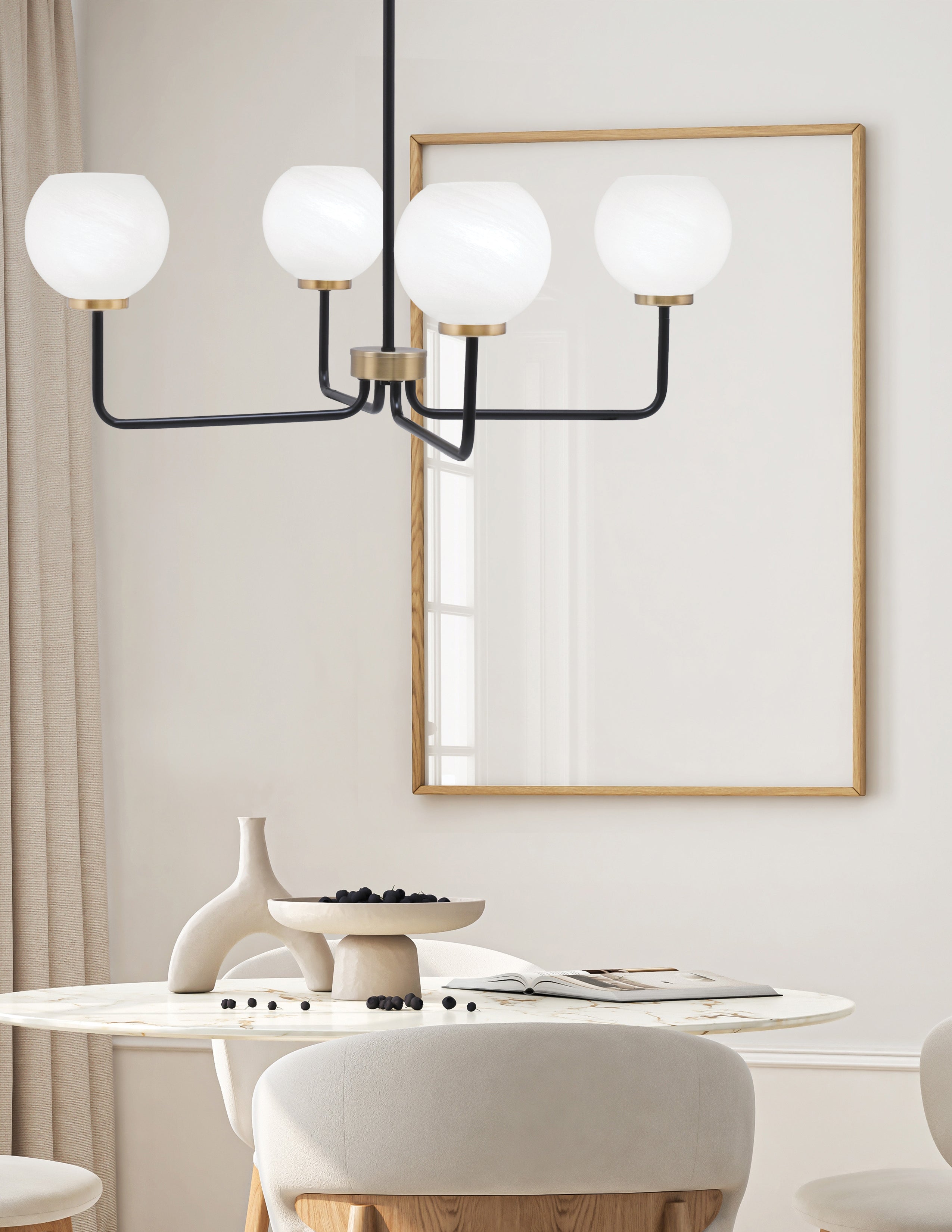 Sandia Four Light Chandelier in Matte Black & New Age Brass with White Marble Shade