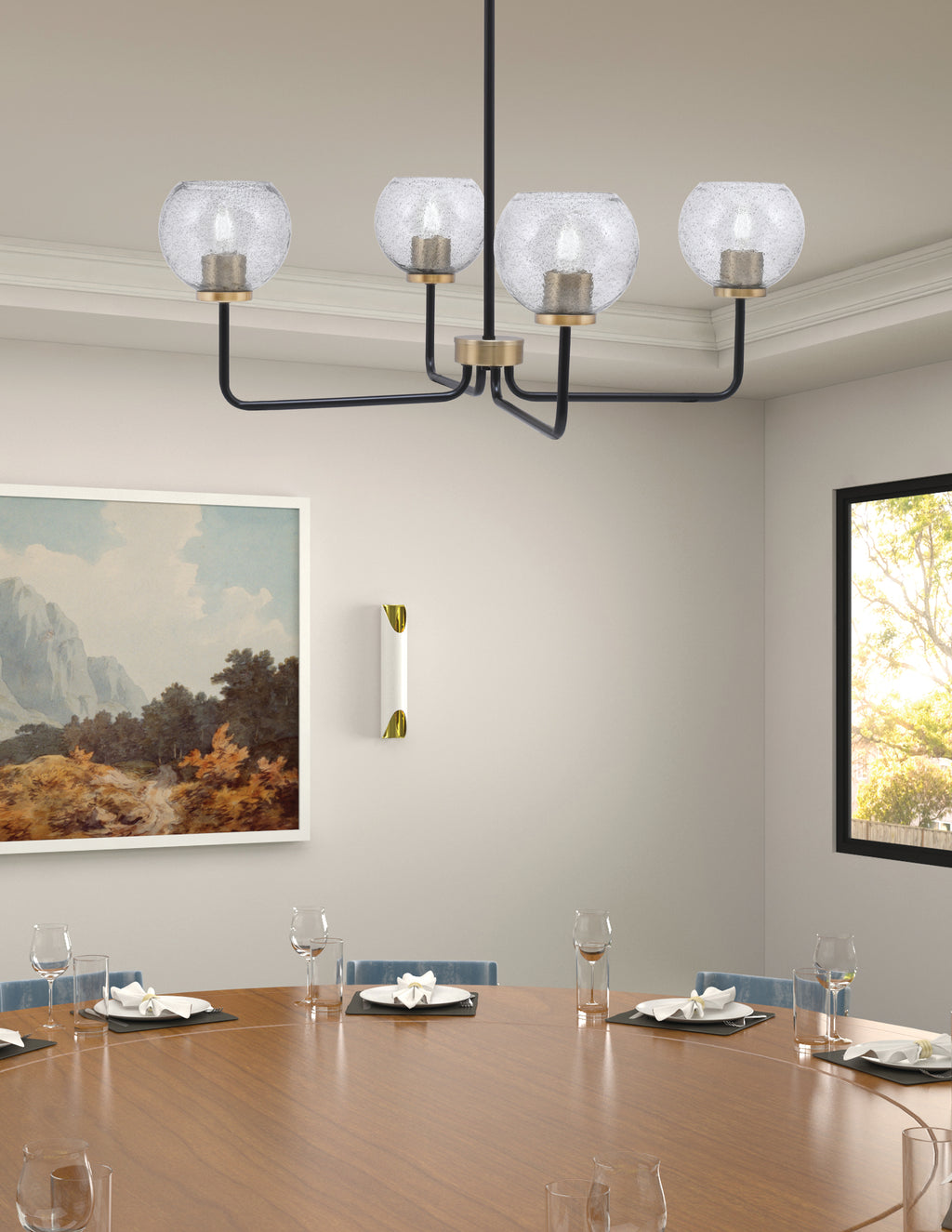 Sandia Four Light Chandelier in Matte Black & New Age Brass with Smoke Bubble Shade