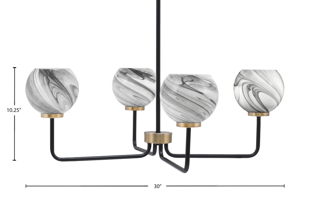 Sandia Four Light Chandelier in Matte Black & New Age Brass with Onyx Swirl Shade