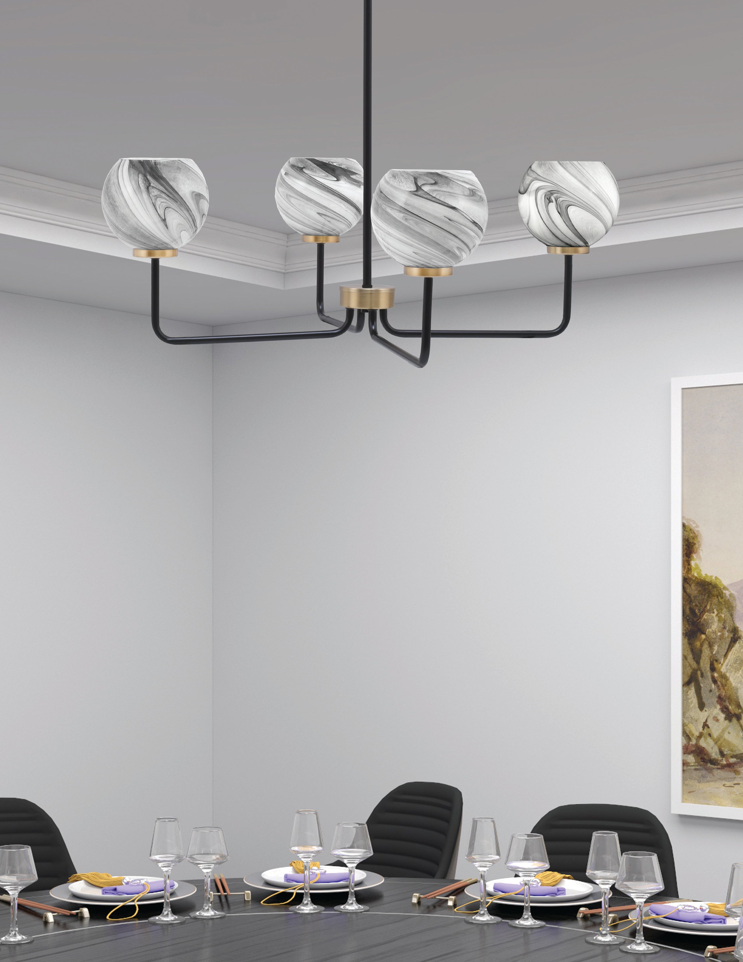 Sandia Four Light Chandelier in Matte Black & New Age Brass with Onyx Swirl Shade