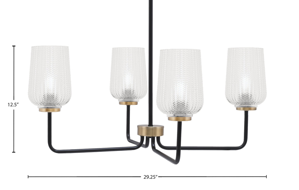 Sandia Four Light Chandelier in Matte Black & New Age Brass with Clear Textured Shade