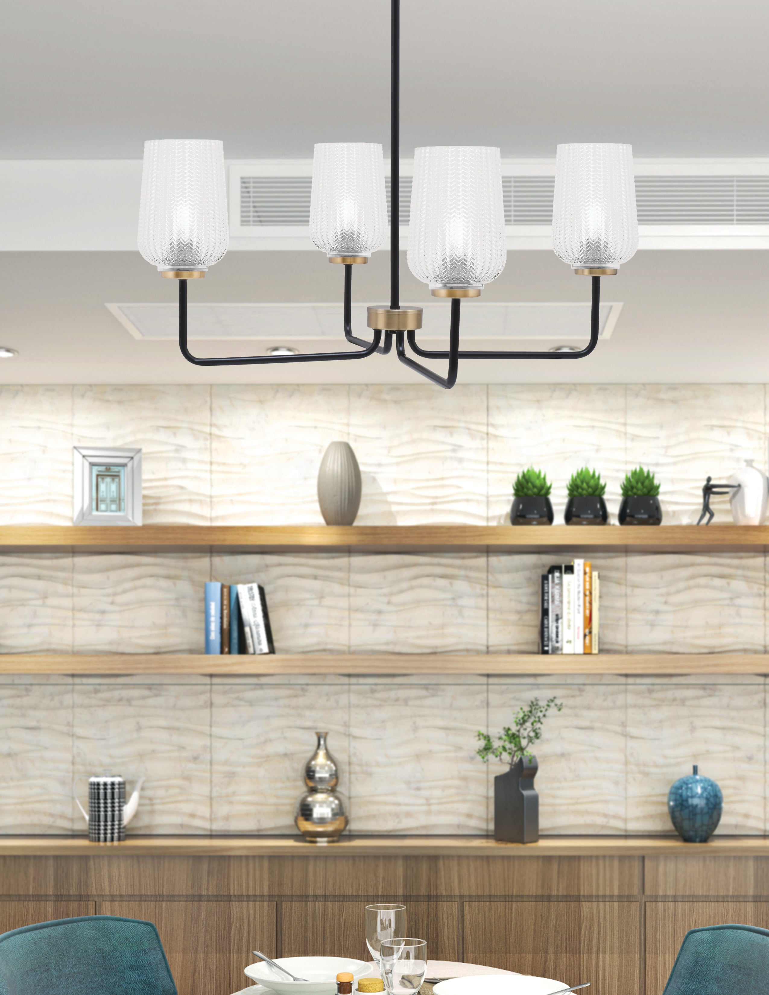 Sandia Four Light Chandelier in Matte Black & New Age Brass with Clear Textured Shade