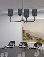 Sandia Four Light Chandelier in Matte Black & New Age Brass with Smoke Textured Shade