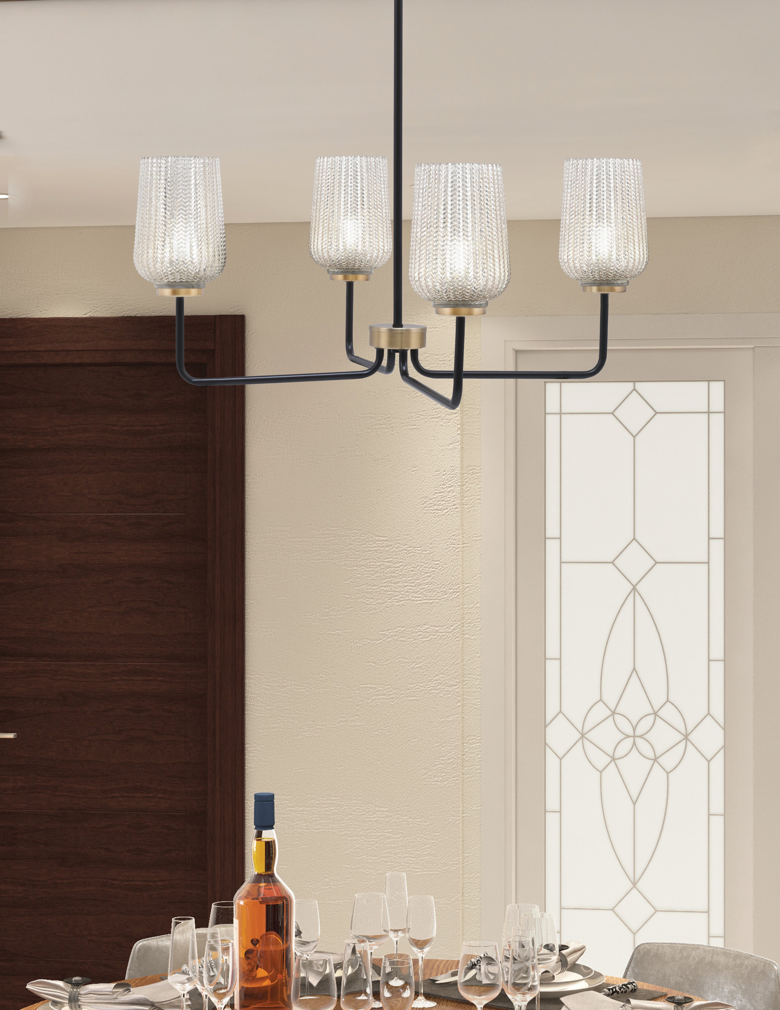 Sandia Four Light Chandelier in Matte Black & New Age Brass with Silver Textured Shade