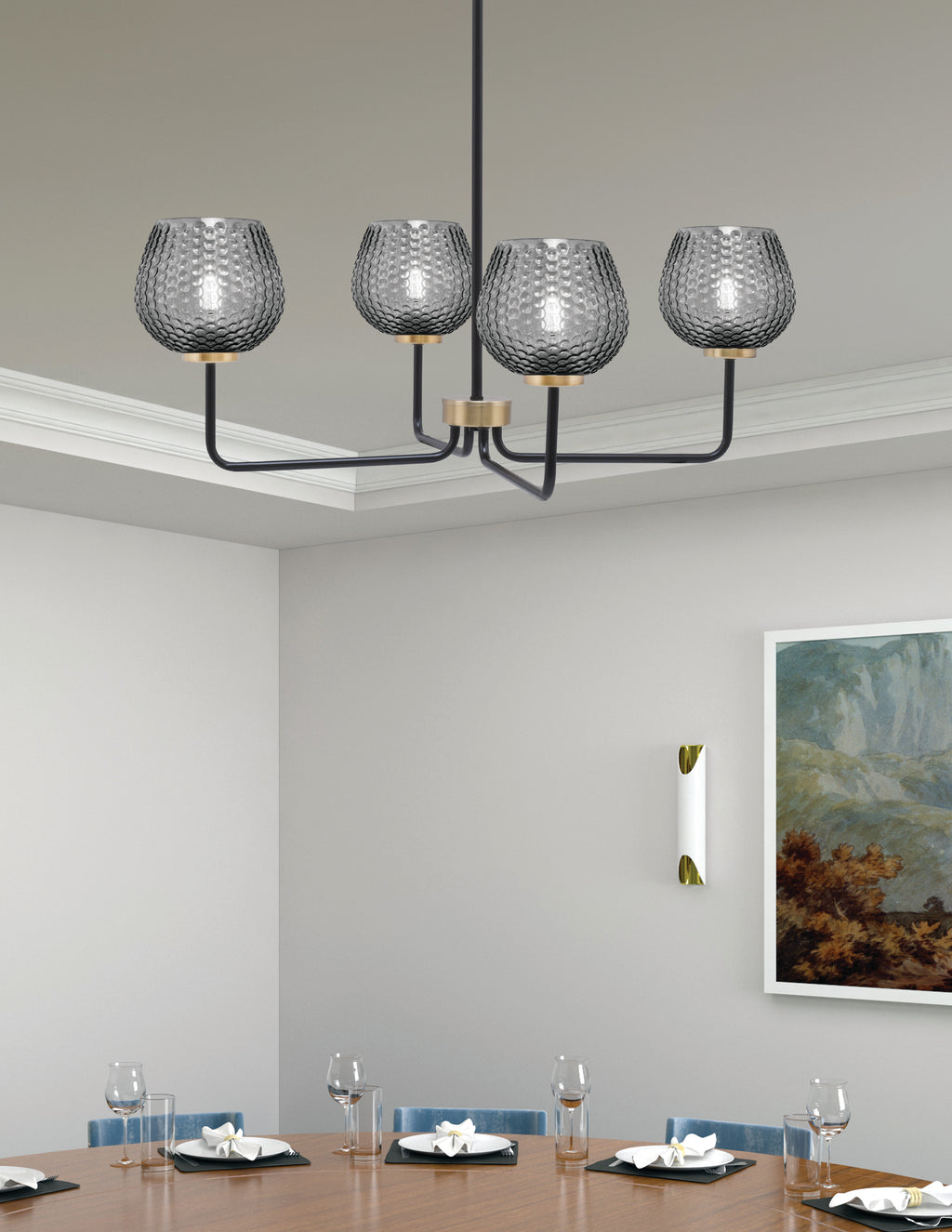 Sandia Four Light Chandelier in Matte Black & New Age Brass with Smoke Textured Shade