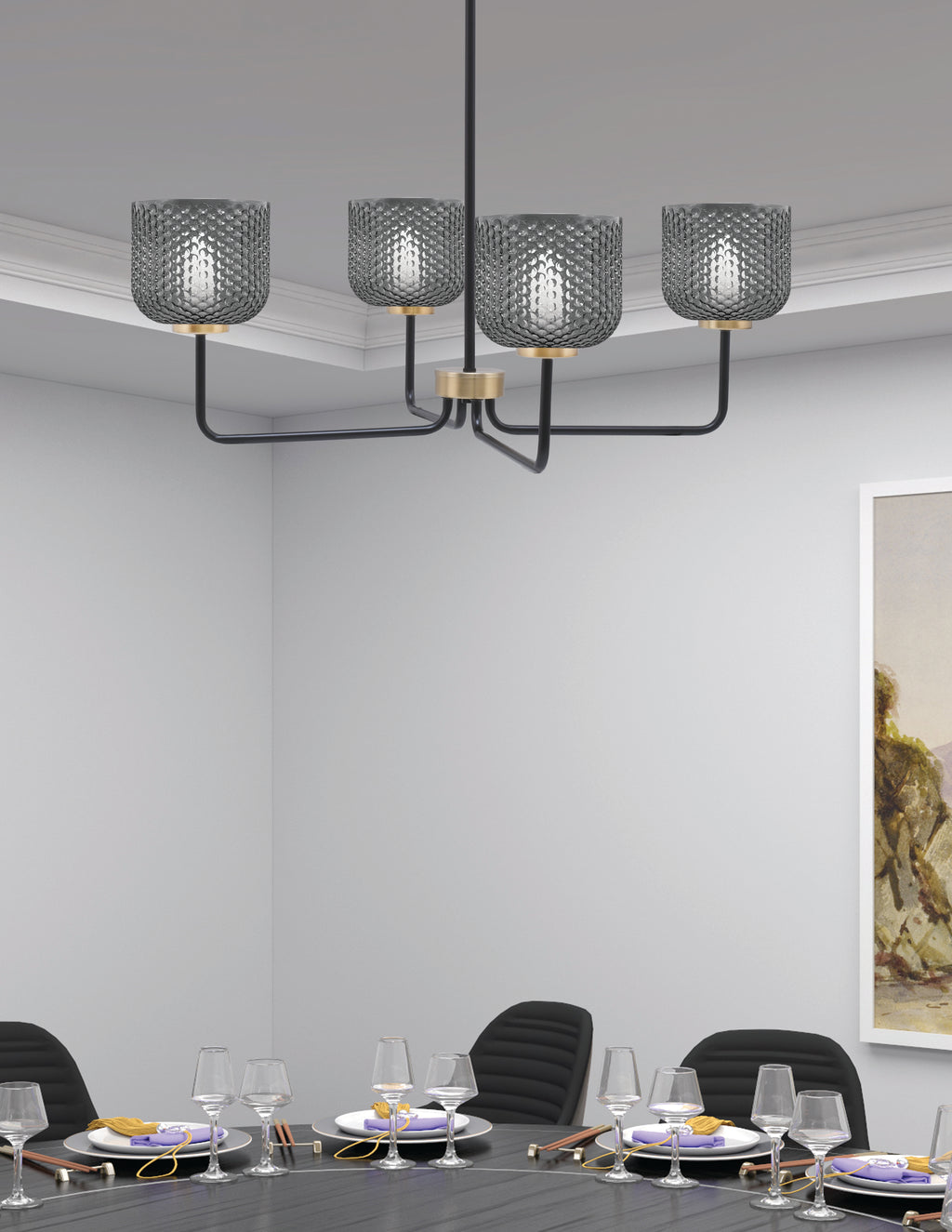 Sandia Four Light Chandelier in Matte Black & New Age Brass with Smoke Textured Shade