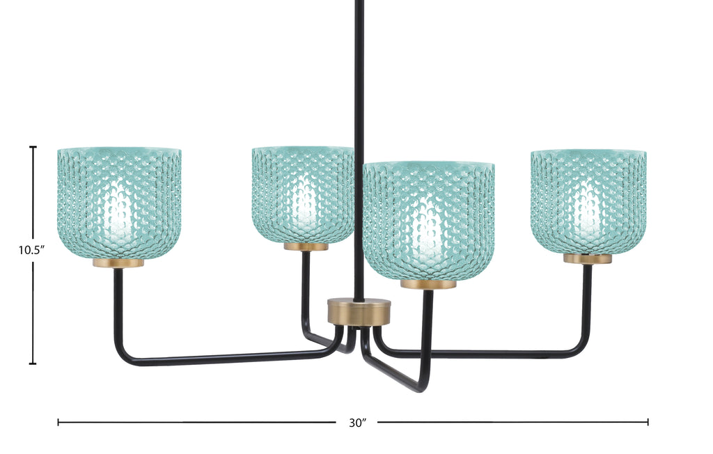 Sandia Four Light Chandelier in Matte Black & New Age Brass with Turquoise Textured Shade