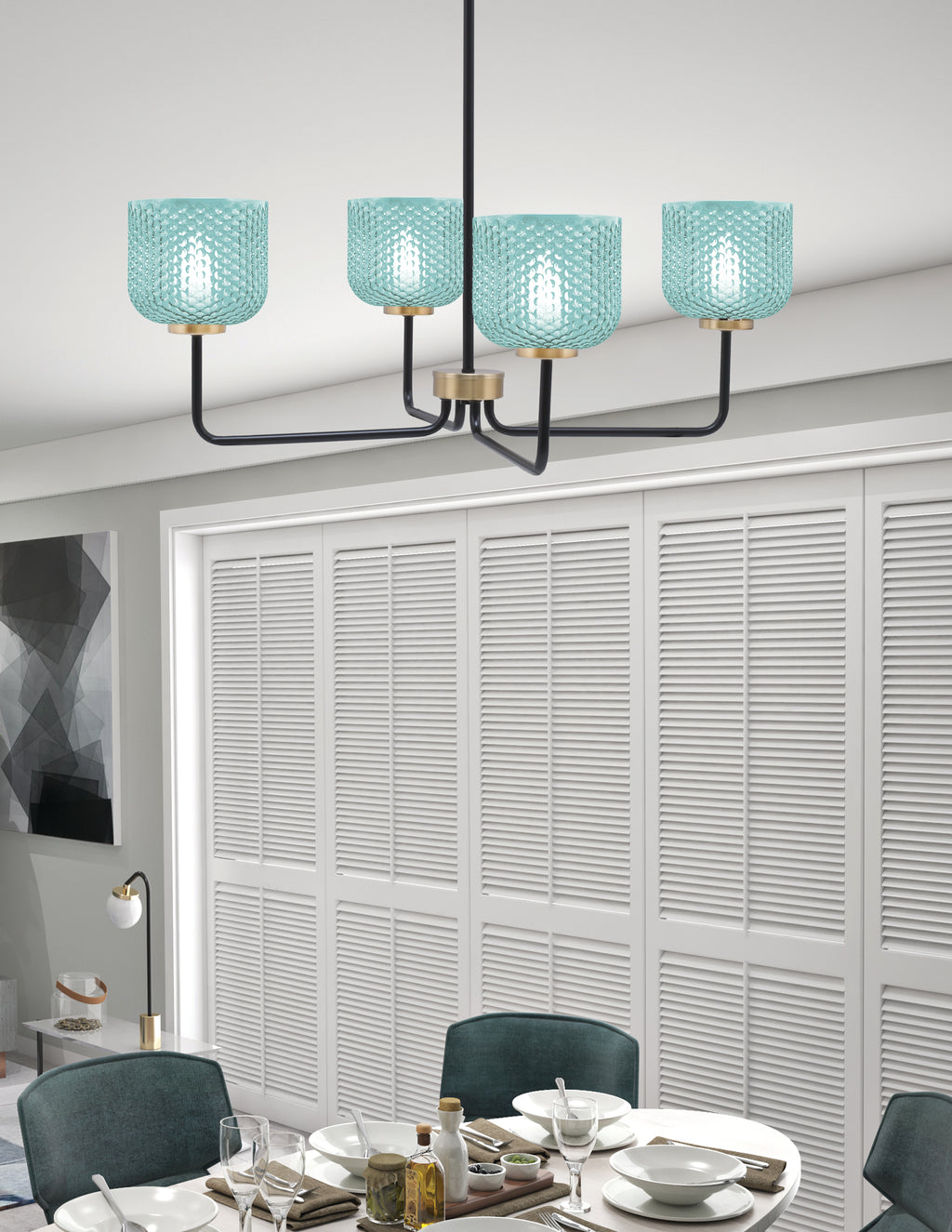 Sandia Four Light Chandelier in Matte Black & New Age Brass with Turquoise Textured Shade