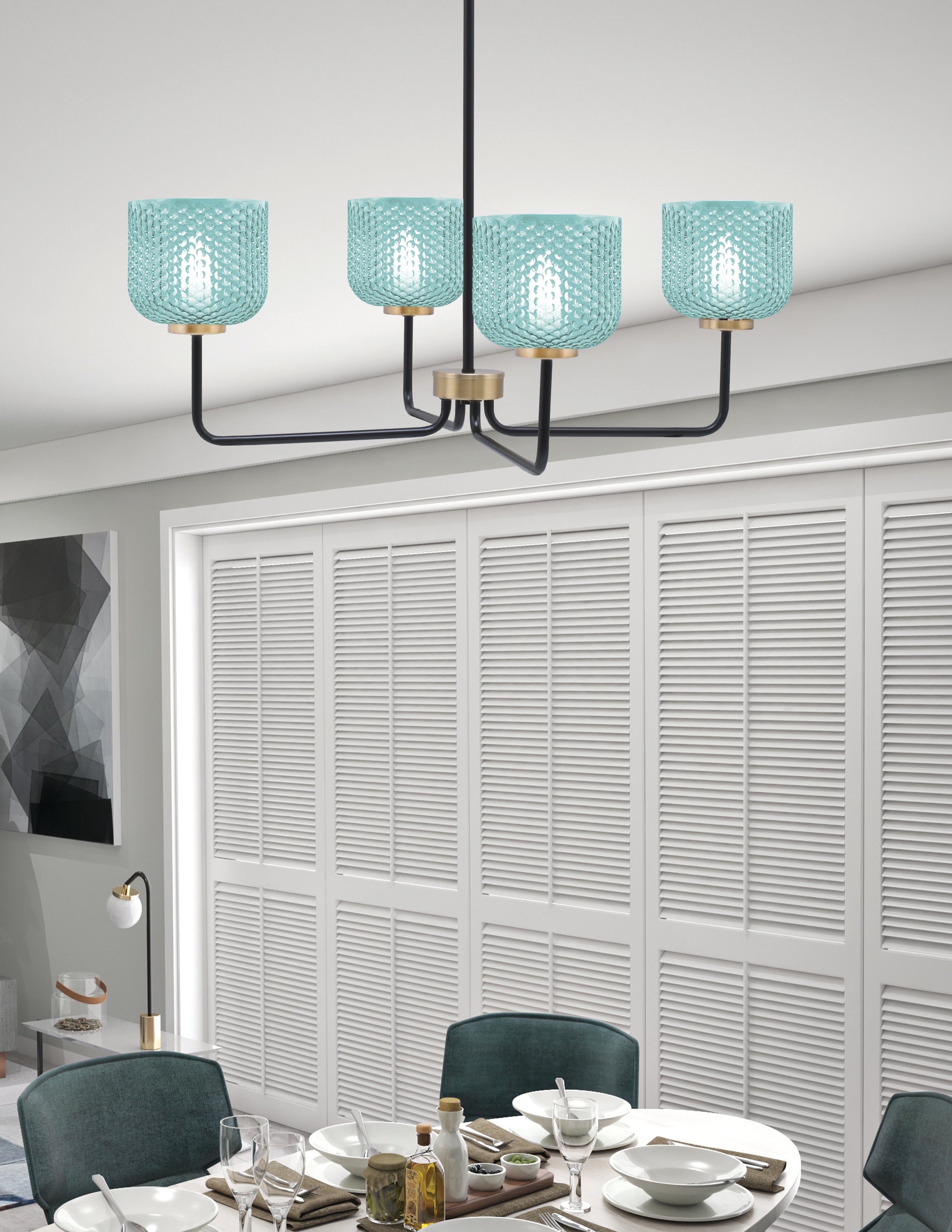 Sandia Four Light Chandelier in Matte Black & New Age Brass with Turquoise Textured Shade