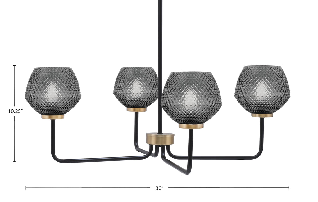 Sandia Four Light Chandelier in Matte Black & New Age Brass with Smoke Textured Shade