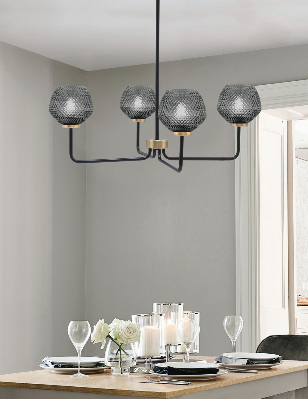 Sandia Four Light Chandelier in Matte Black & New Age Brass with Smoke Textured Shade