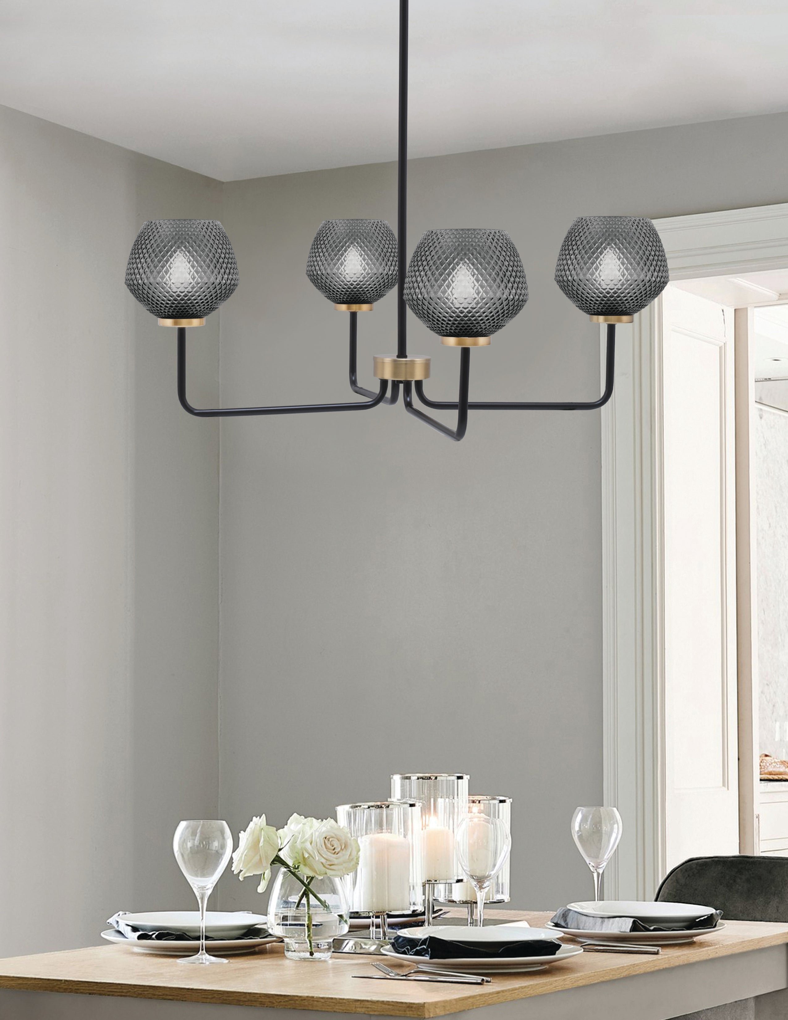 Sandia Four Light Chandelier in Matte Black & New Age Brass with Smoke Textured Shade