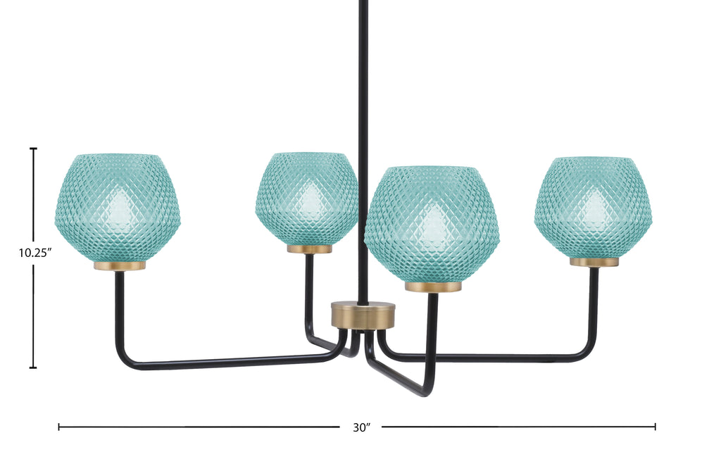 Sandia Four Light Chandelier in Matte Black & New Age Brass with Turquoise Textured Shade
