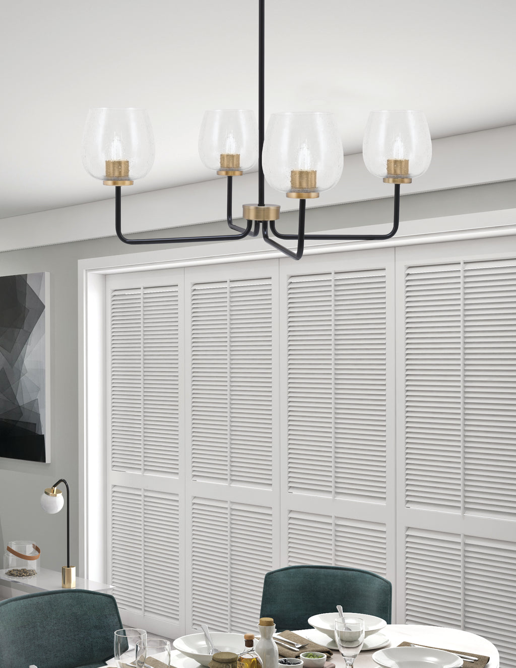 Sandia Four Light Chandelier in Matte Black & New Age Brass with Clear Bubble Shade